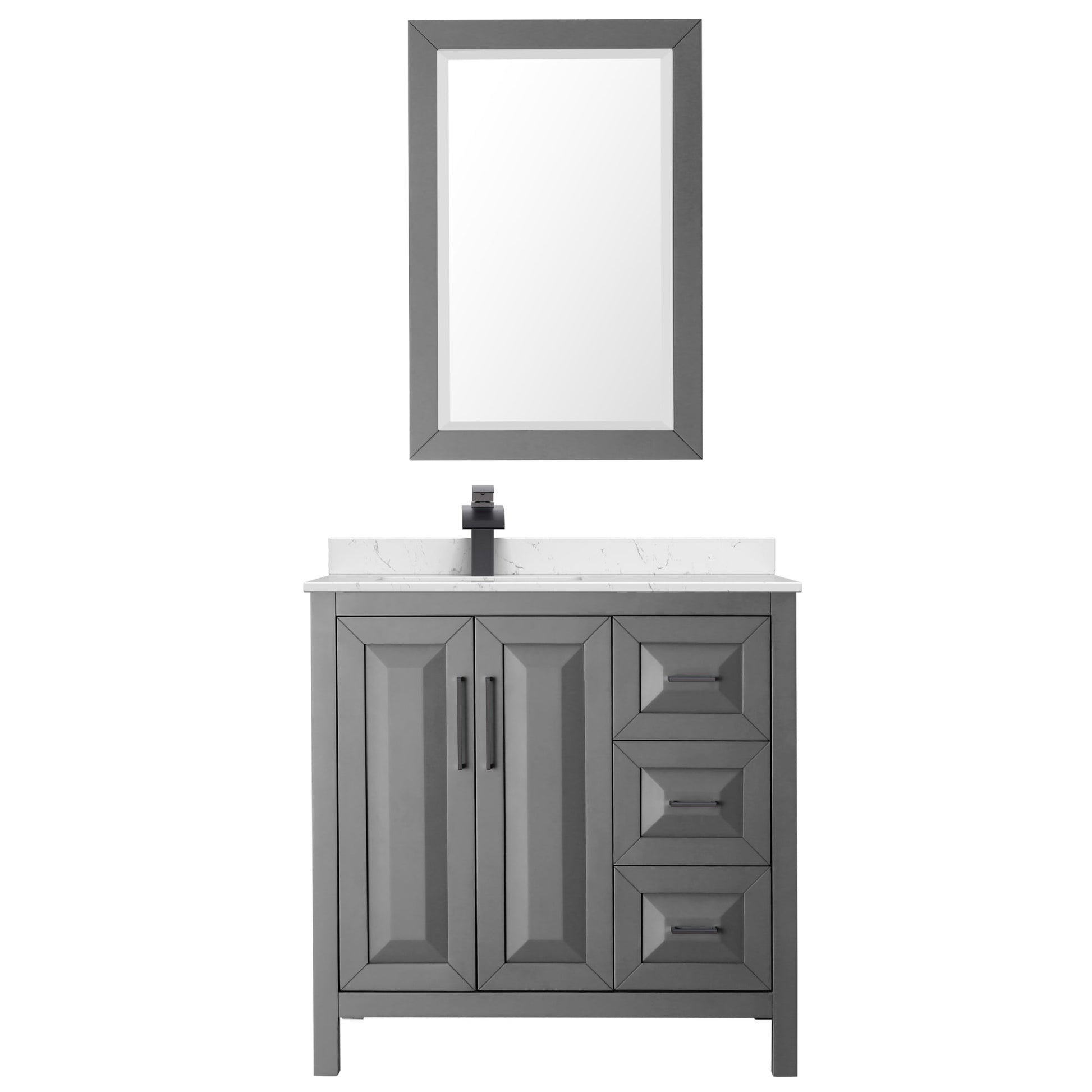 Wyndham Collection Daria 36" Single Bathroom Vanity in Dark Gray, Carrara Cultured Marble Countertop, Undermount Square Sink (1-Hole), Matte Black Trim, 24" Mirror