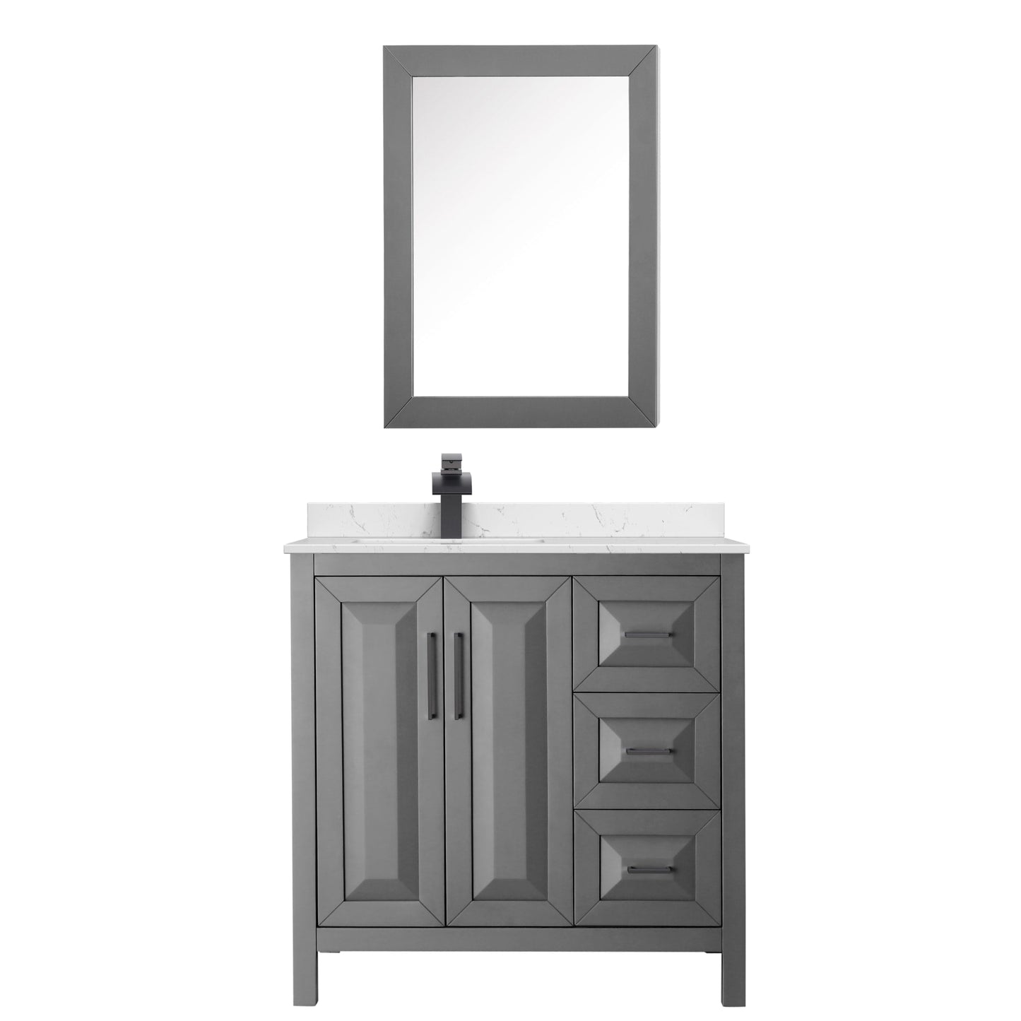 Wyndham Collection Daria 36" Single Bathroom Vanity in Dark Gray, Carrara Cultured Marble Countertop, Undermount Square Sink (1-Hole), Matte Black Trim, Medicine Cabinet