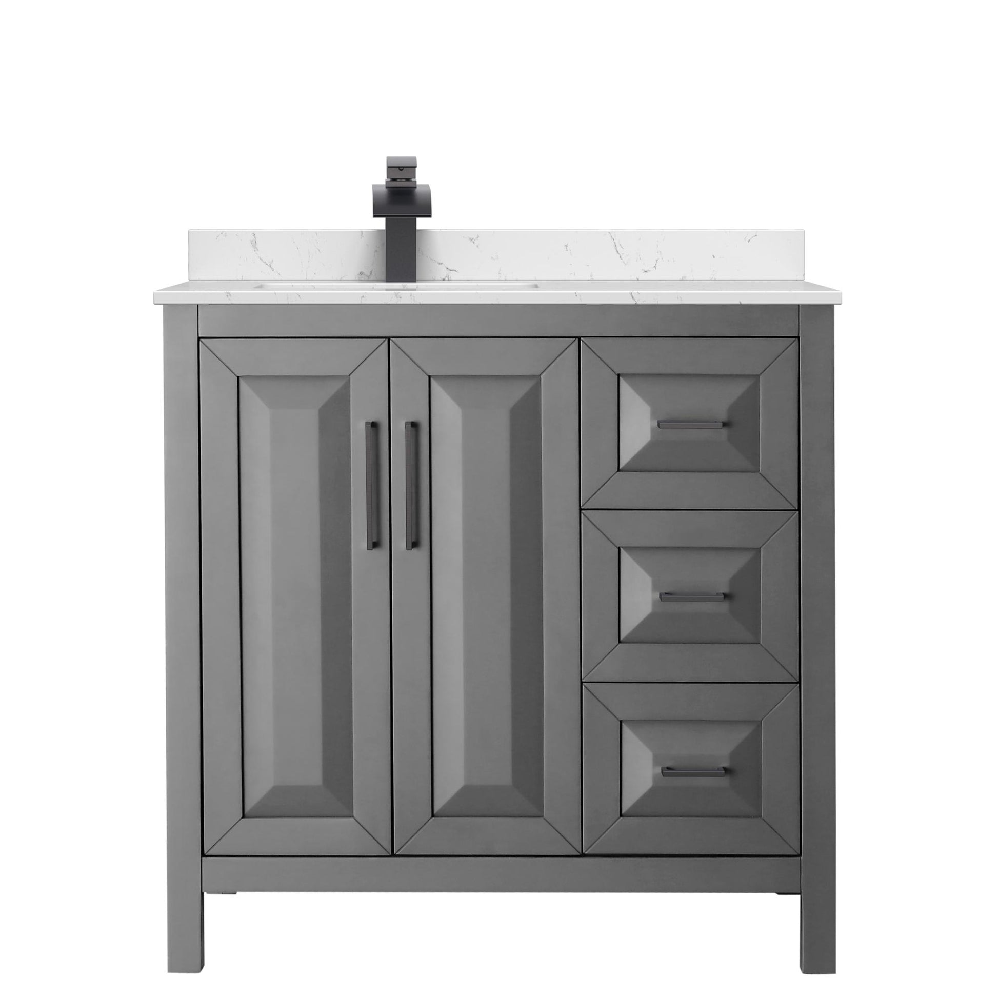 Wyndham Collection Daria 36" Single Bathroom Vanity in Dark Gray, Carrara Cultured Marble Countertop, Undermount Square Sink (1-Hole), Matte Black Trim