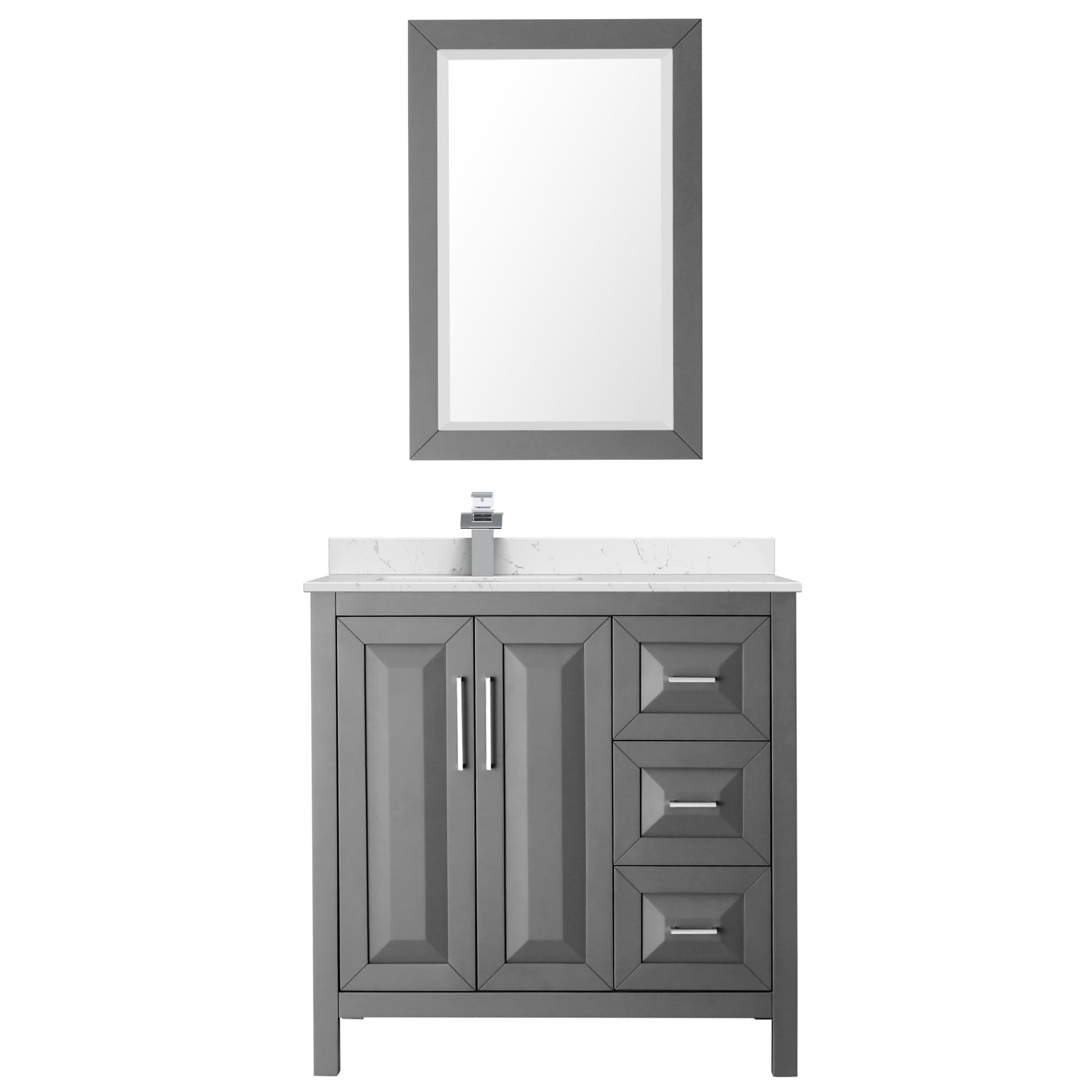 Wyndham Collection Daria 36" Single Bathroom Vanity in Dark Gray, Carrara Cultured Marble Countertop, Undermount Square Sink (1-Hole), Polished Chrome Trim, 24" Mirror