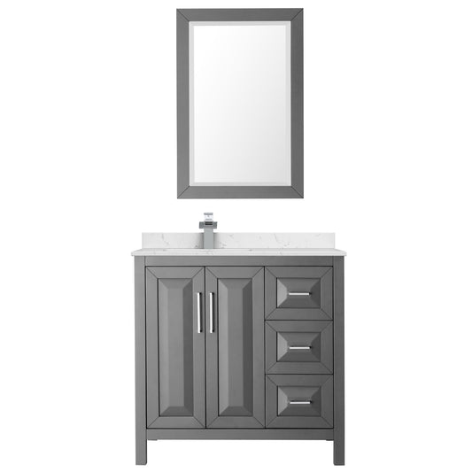 Wyndham Collection Daria 36" Single Bathroom Vanity in Dark Gray, Carrara Cultured Marble Countertop, Undermount Square Sink (1-Hole), Polished Chrome Trim, 24" Mirror