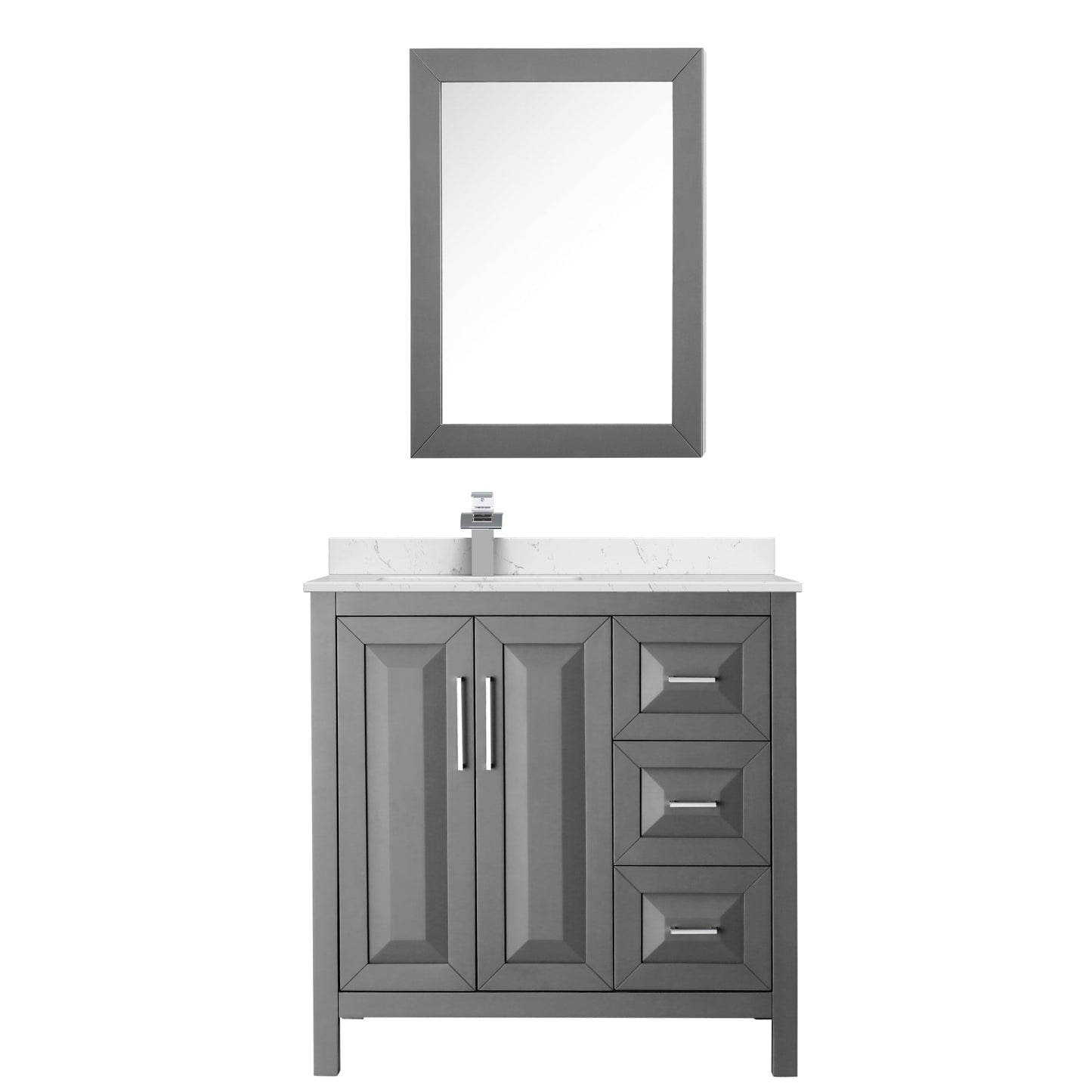 Wyndham Collection Daria 36" Single Bathroom Vanity in Dark Gray, Carrara Cultured Marble Countertop, Undermount Square Sink (1-Hole), Polished Chrome Trim, Medicine Cabinet