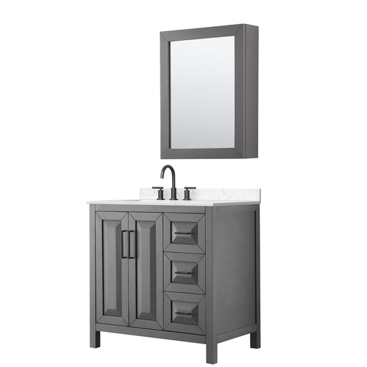 Wyndham Collection Daria 36" Single Bathroom Vanity in Dark Gray, Carrara Cultured Marble Countertop, Undermount Square Sink (3-Hole), Matte Black Trim, Medicine Cabinet