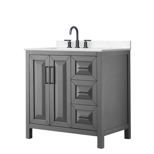 Wyndham Collection Daria 36" Single Bathroom Vanity in Dark Gray, Carrara Cultured Marble Countertop, Undermount Square Sink (3-Hole), Matte Black Trim