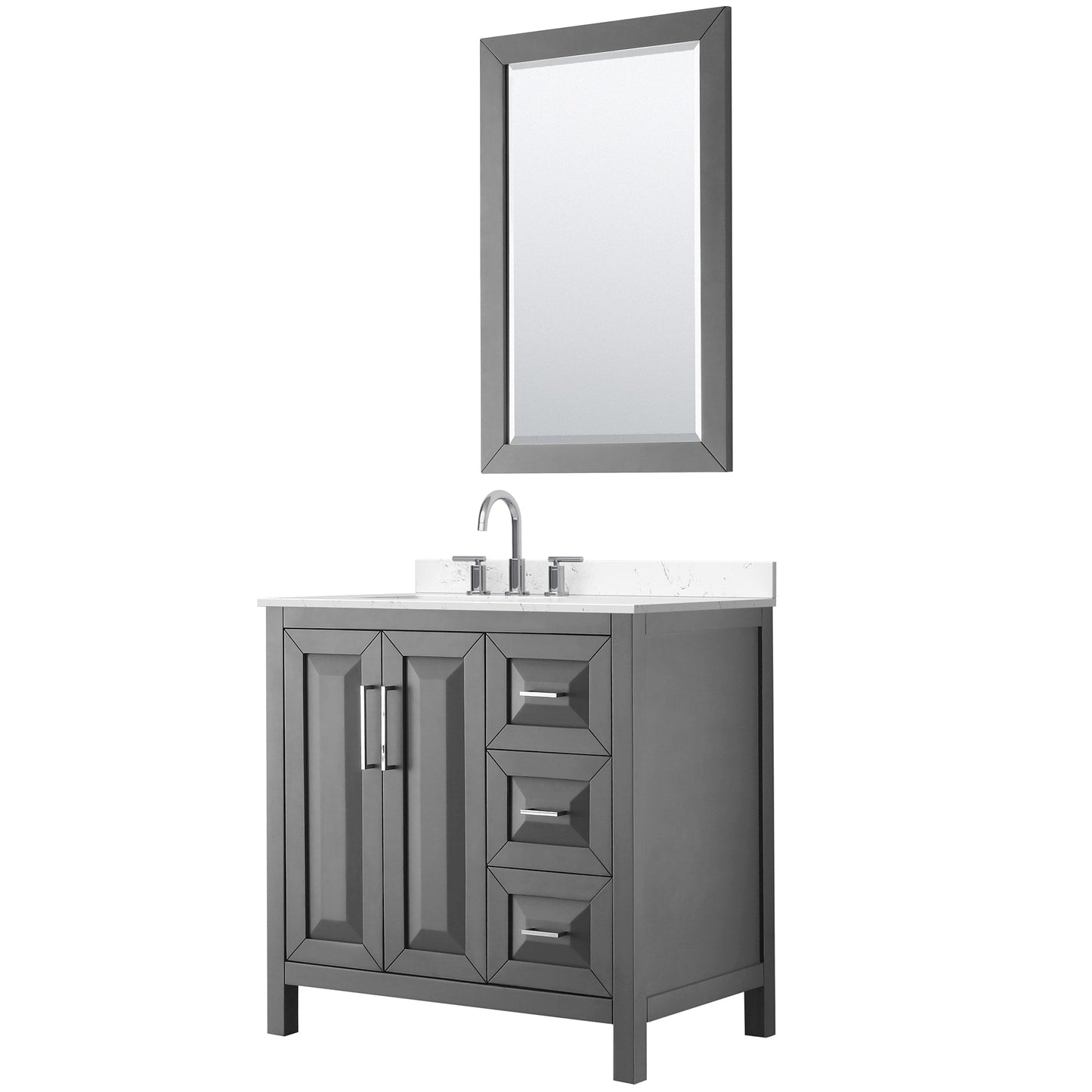Wyndham Collection Daria 36" Single Bathroom Vanity in Dark Gray, Carrara Cultured Marble Countertop, Undermount Square Sink (3-Hole), Polished Chrome Trim, 24" Mirror