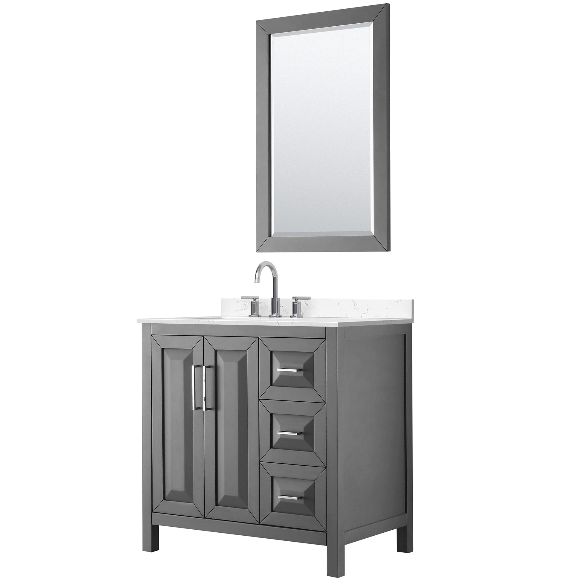 Wyndham Collection Daria 36" Single Bathroom Vanity in Dark Gray, Carrara Cultured Marble Countertop, Undermount Square Sink (3-Hole), Polished Chrome Trim, 24" Mirror