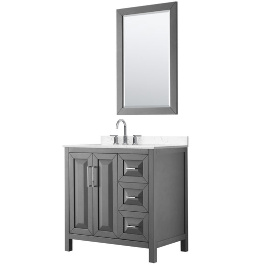 Wyndham Collection Daria 36" Single Bathroom Vanity in Dark Gray, Carrara Cultured Marble Countertop, Undermount Square Sink (3-Hole), Polished Chrome Trim, 24" Mirror