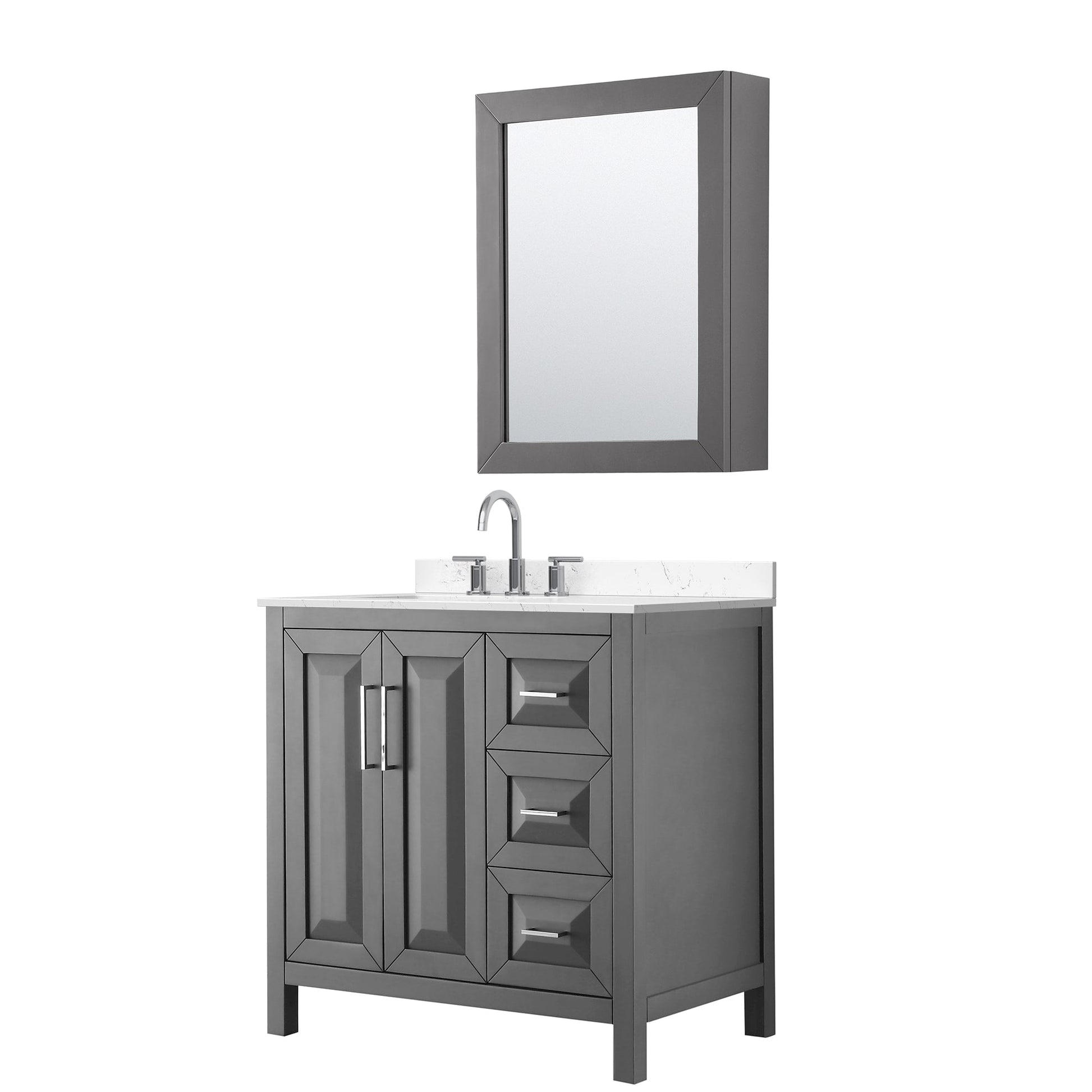 Wyndham Collection Daria 36" Single Bathroom Vanity in Dark Gray, Carrara Cultured Marble Countertop, Undermount Square Sink (3-Hole), Polished Chrome Trim, Medicine Cabinet