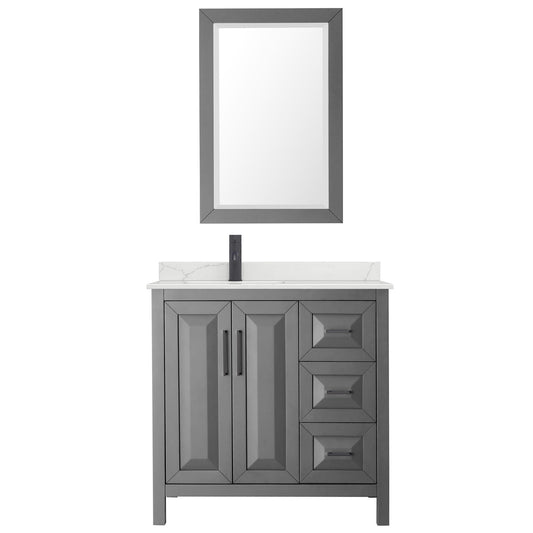Wyndham Collection Daria 36" Single Bathroom Vanity in Dark Gray, Giotto Quartz Countertop, Undermount Square Sink (1-Hole), Matte Black Trim, 24" Mirror