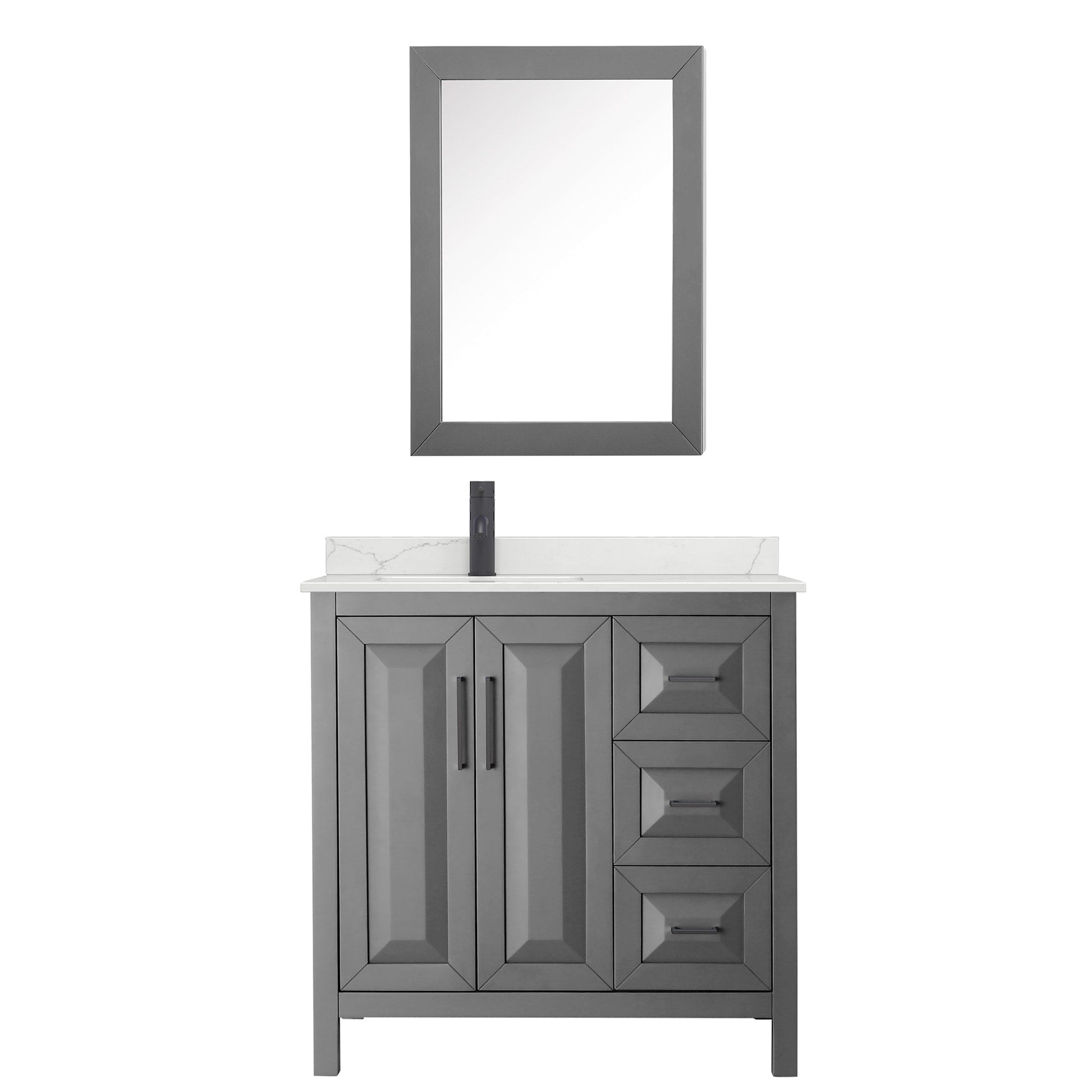 Wyndham Collection Daria 36" Single Bathroom Vanity in Dark Gray, Giotto Quartz Countertop, Undermount Square Sink (1-Hole), Matte Black Trim, Medicine Cabinet