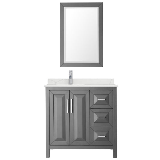 Wyndham Collection Daria 36" Single Bathroom Vanity in Dark Gray, Giotto Quartz Countertop, Undermount Square Sink (1-Hole), Polished Chrome Trim, 24" Mirror