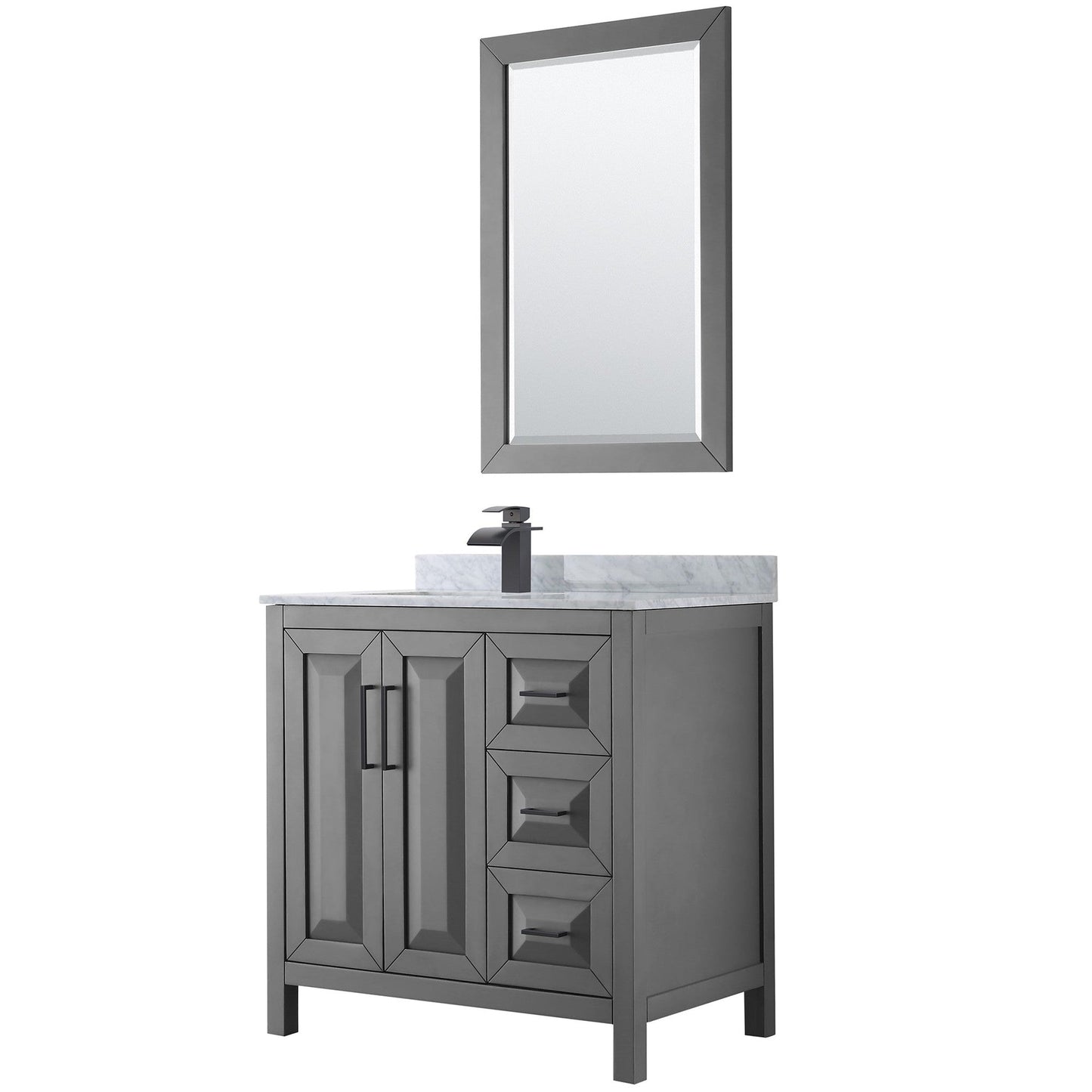 Wyndham Collection Daria 36" Single Bathroom Vanity in Dark Gray, White Carrara Marble Countertop, Undermount Square Sink, Matte Black Trim, 24" Mirror