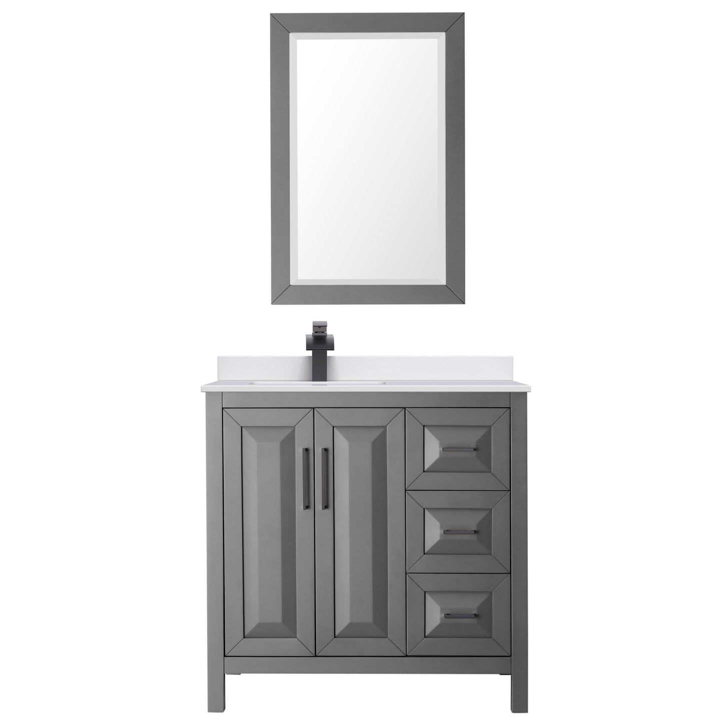 Wyndham Collection Daria 36" Single Bathroom Vanity in Dark Gray, White Cultured Marble Countertop, Undermount Square Sink (1-Hole), Matte Black Trim, 24" Mirror