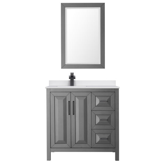 Wyndham Collection Daria 36" Single Bathroom Vanity in Dark Gray, White Cultured Marble Countertop, Undermount Square Sink (1-Hole), Matte Black Trim, 24" Mirror