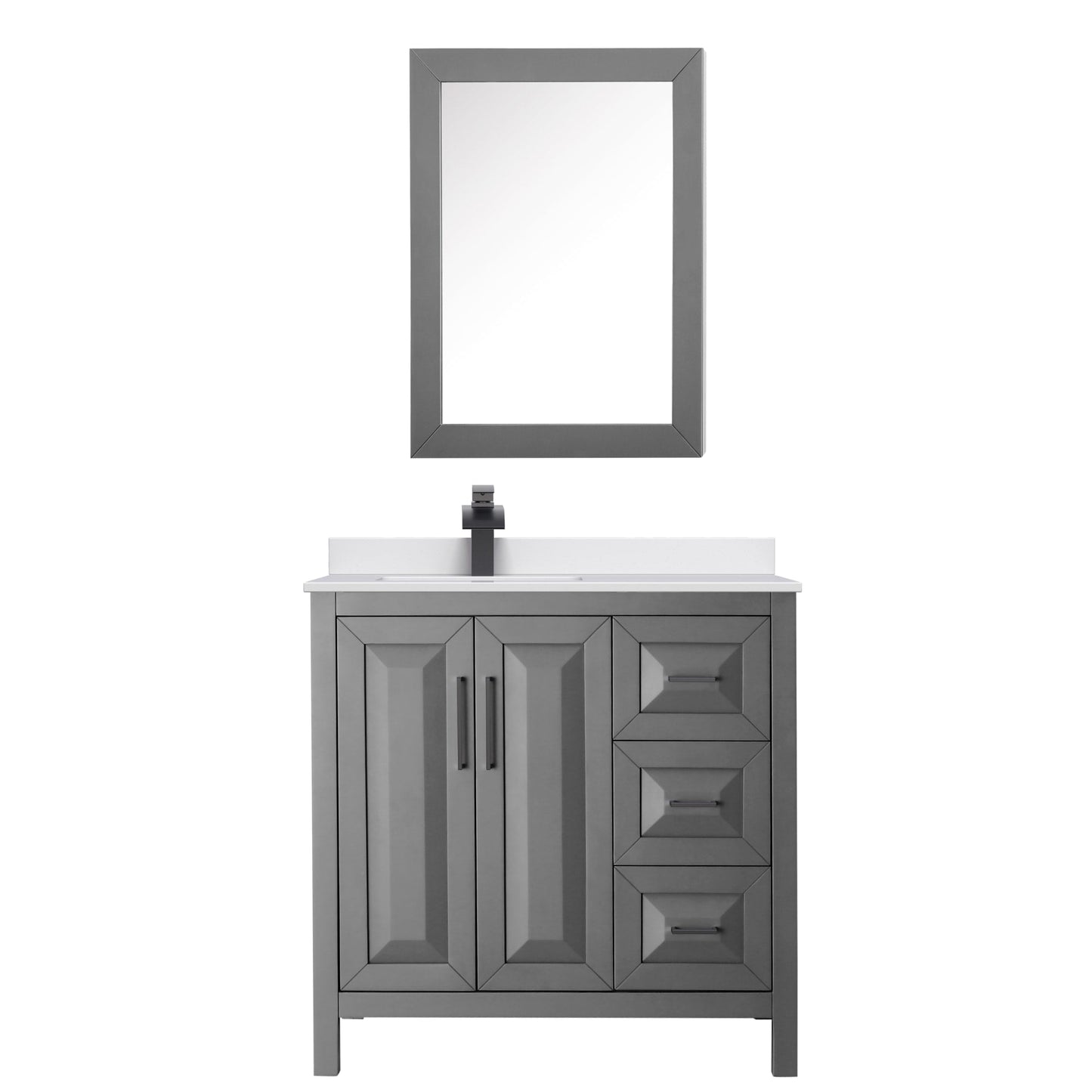 Wyndham Collection Daria 36" Single Bathroom Vanity in Dark Gray, White Cultured Marble Countertop, Undermount Square Sink (1-Hole), Matte Black Trim, Medicine Cabinet