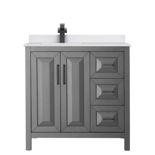 Wyndham Collection Daria 36" Single Bathroom Vanity in Dark Gray, White Cultured Marble Countertop, Undermount Square Sink (1-Hole), Matte Black Trim