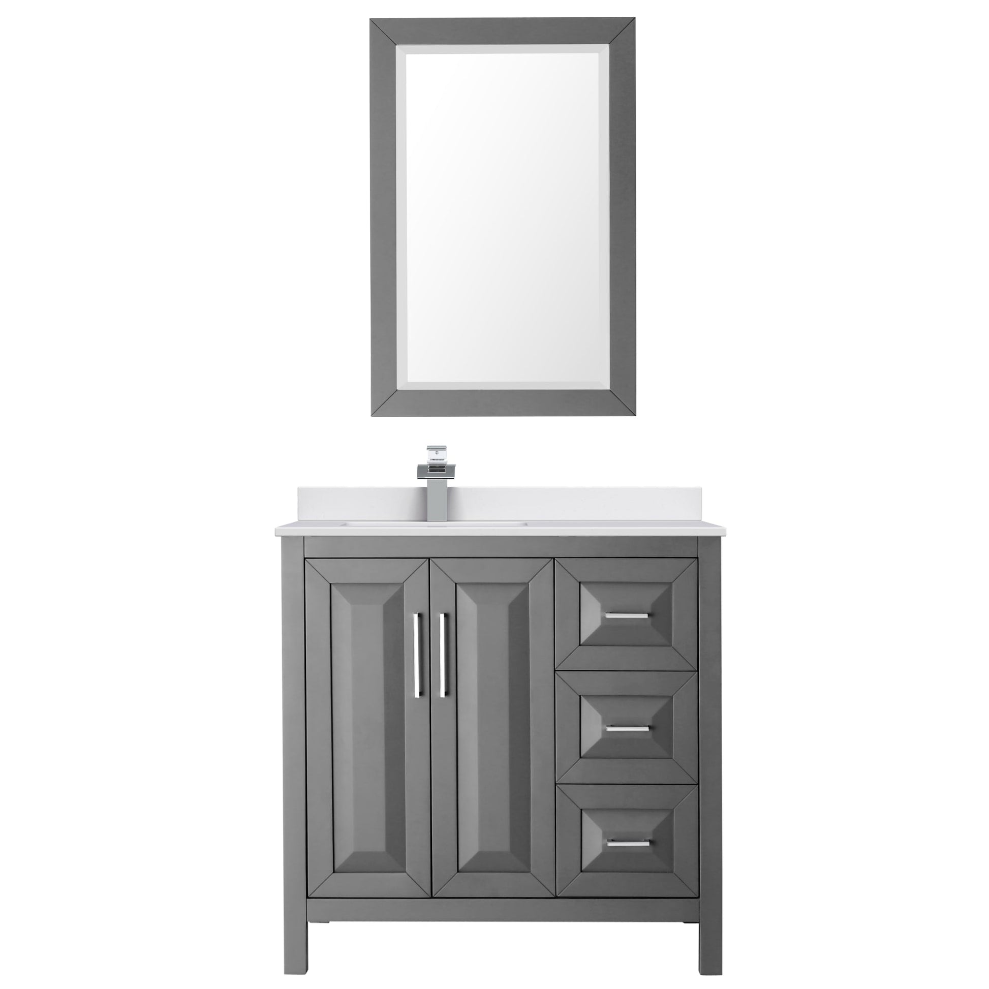Wyndham Collection Daria 36" Single Bathroom Vanity in Dark Gray, White Cultured Marble Countertop, Undermount Square Sink (1-Hole), Polished Chrome Trim, 24" Mirror