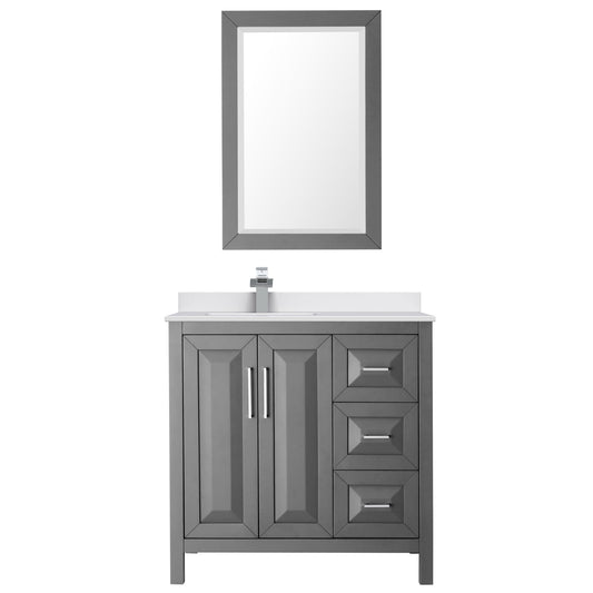 Wyndham Collection Daria 36" Single Bathroom Vanity in Dark Gray, White Cultured Marble Countertop, Undermount Square Sink (1-Hole), Polished Chrome Trim, 24" Mirror