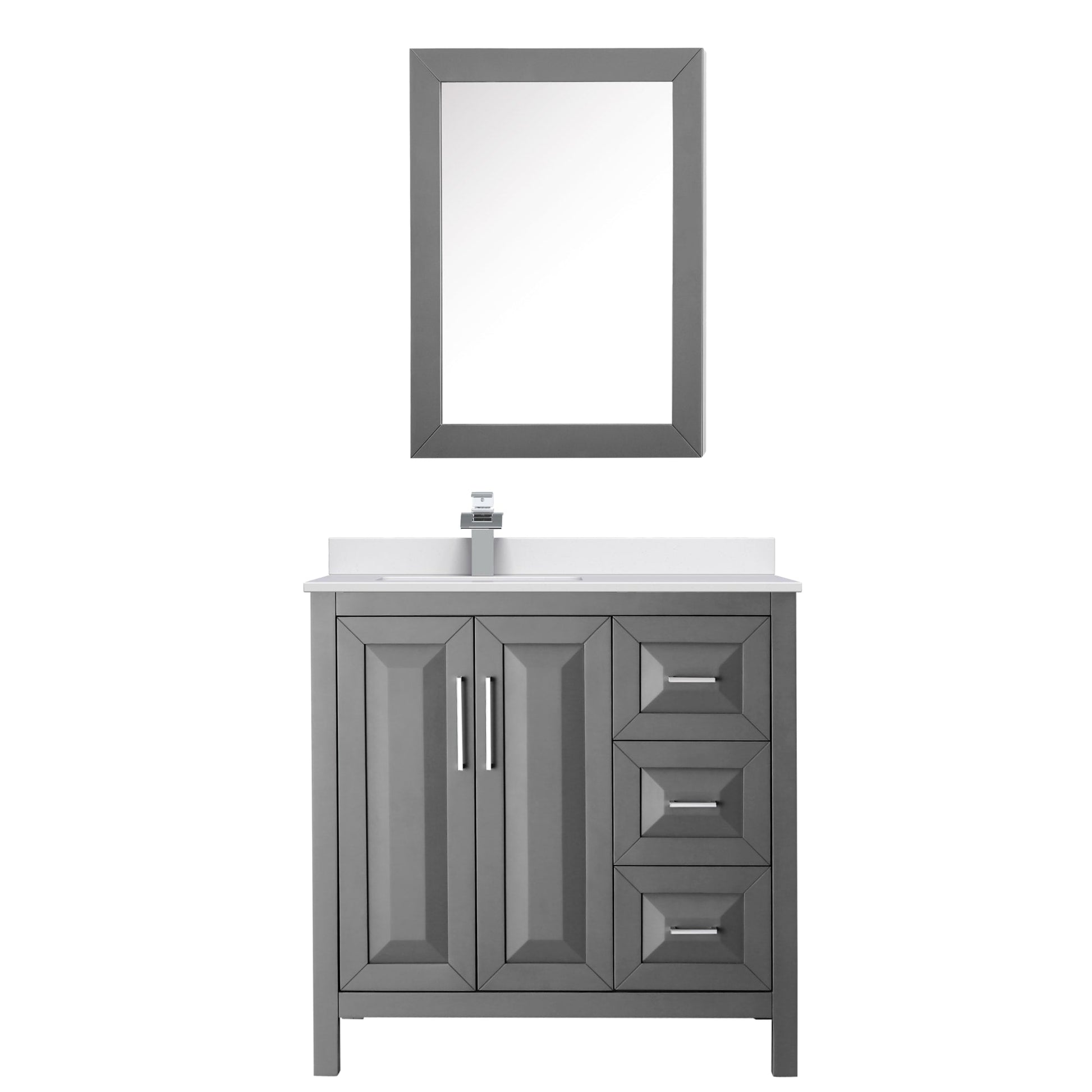 Wyndham Collection Daria 36" Single Bathroom Vanity in Dark Gray, White Cultured Marble Countertop, Undermount Square Sink (1-Hole), Polished Chrome Trim, Medicine Cabinet