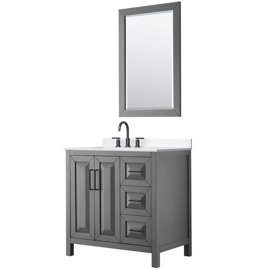 Wyndham Collection Daria 36" Single Bathroom Vanity in Dark Gray, White Cultured Marble Countertop, Undermount Square Sink (3-Hole), Matte Black Trim, 24" Mirror
