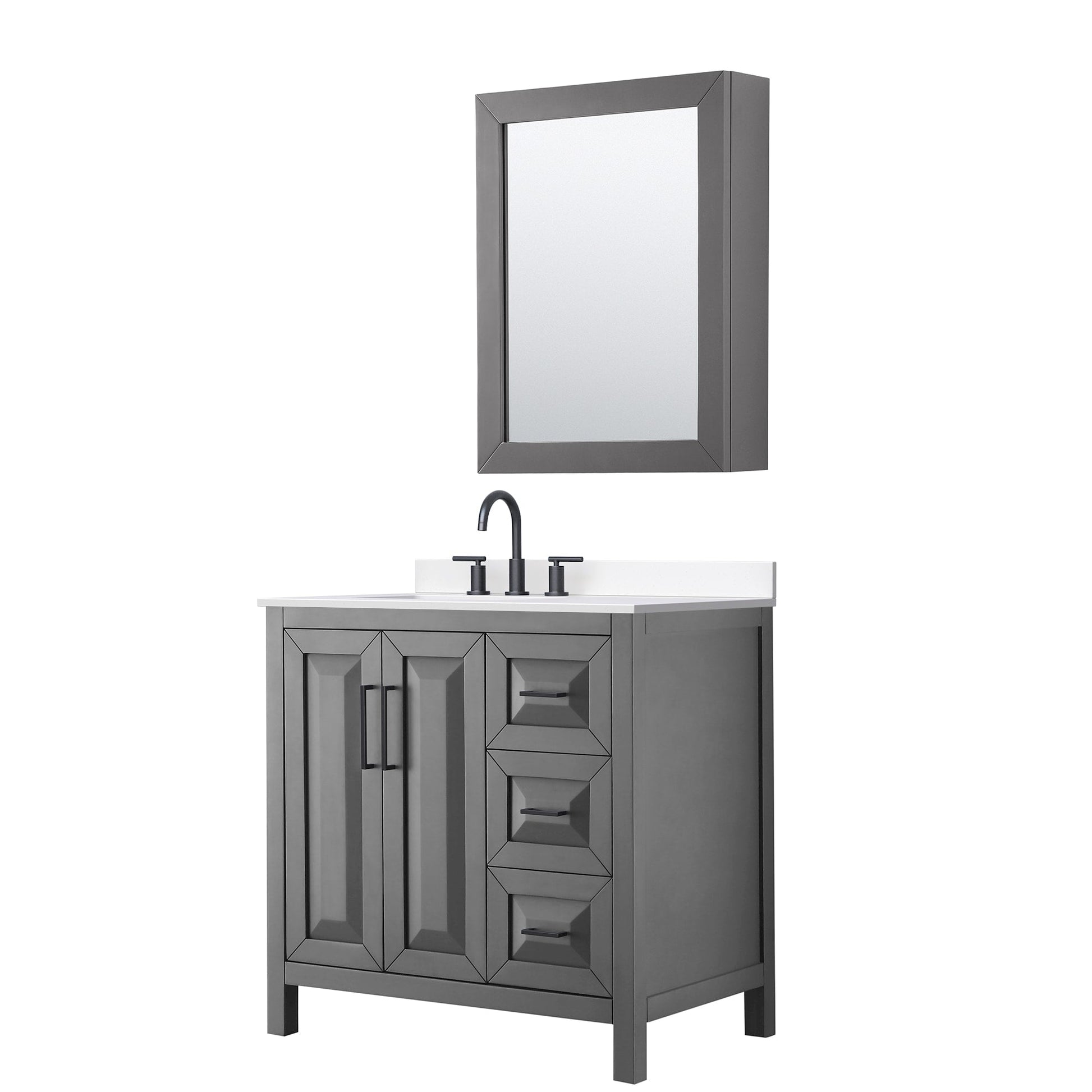 Wyndham Collection Daria 36" Single Bathroom Vanity in Dark Gray, White Cultured Marble Countertop, Undermount Square Sink (3-Hole), Matte Black Trim, Medicine Cabinet