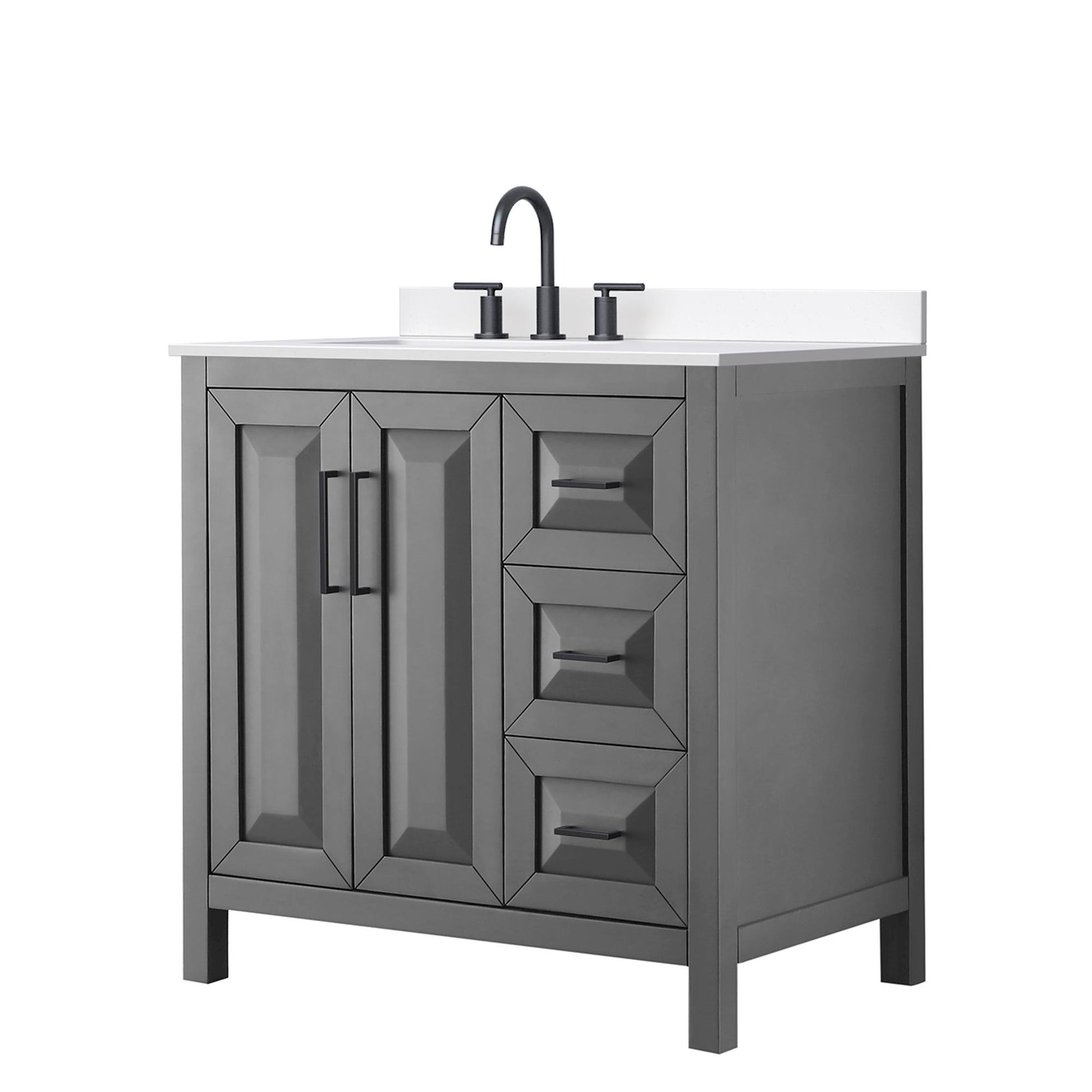 Wyndham Collection Daria 36" Single Bathroom Vanity in Dark Gray, White Cultured Marble Countertop, Undermount Square Sink (3-Hole), Matte Black Trim