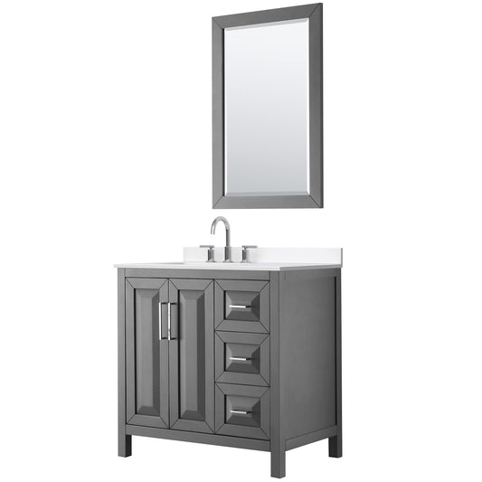 Wyndham Collection Daria 36" Single Bathroom Vanity in Dark Gray, White Cultured Marble Countertop, Undermount Square Sink (3-Hole), Polished Chrome Trim, 24" Mirror