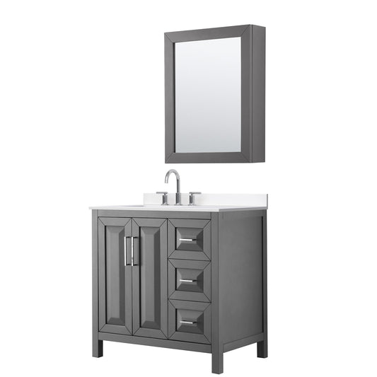 Wyndham Collection Daria 36" Single Bathroom Vanity in Dark Gray, White Cultured Marble Countertop, Undermount Square Sink (3-Hole), Polished Chrome Trim, Medicine Cabinet
