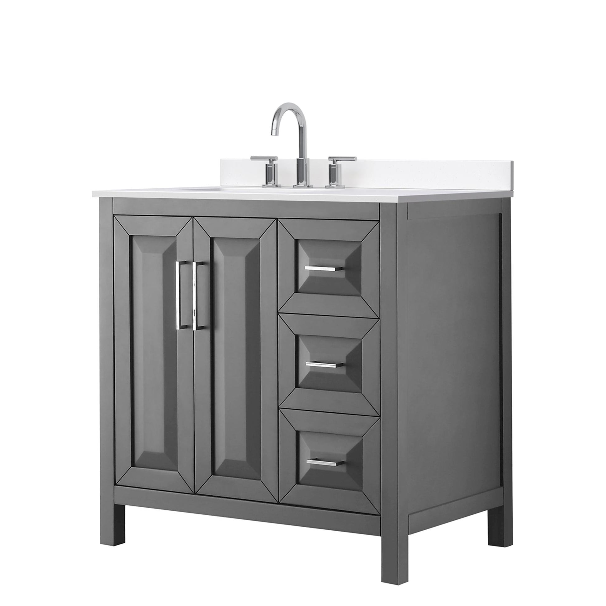 Wyndham Collection Daria 36" Single Bathroom Vanity in Dark Gray, White Cultured Marble Countertop, Undermount Square Sink (3-Hole), Polished Chrome Trim