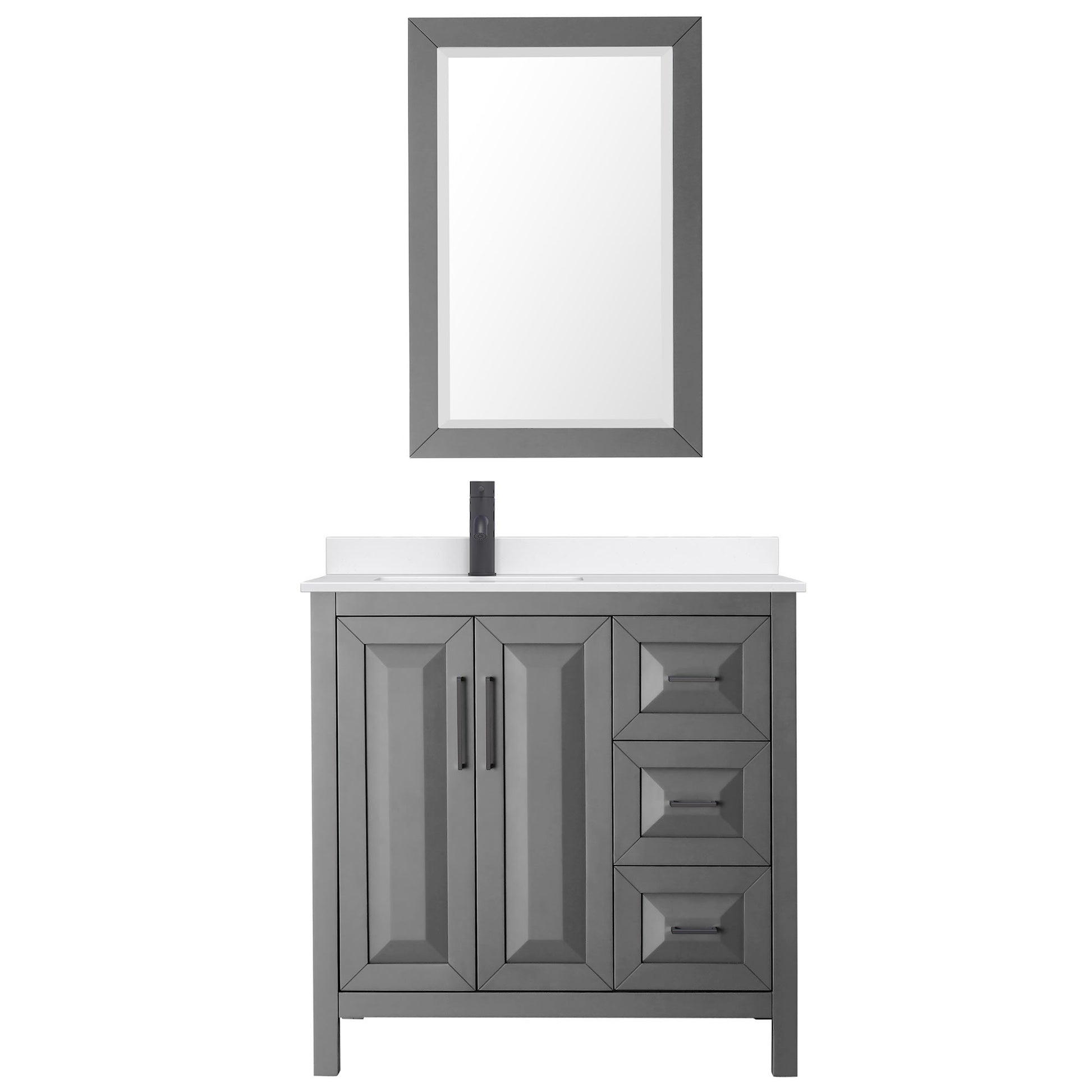 Wyndham Collection Daria 36" Single Bathroom Vanity in Dark Gray, White Quartz Countertop, Undermount Square Sink (1-Hole), Matte Black Trim, 24" Mirror