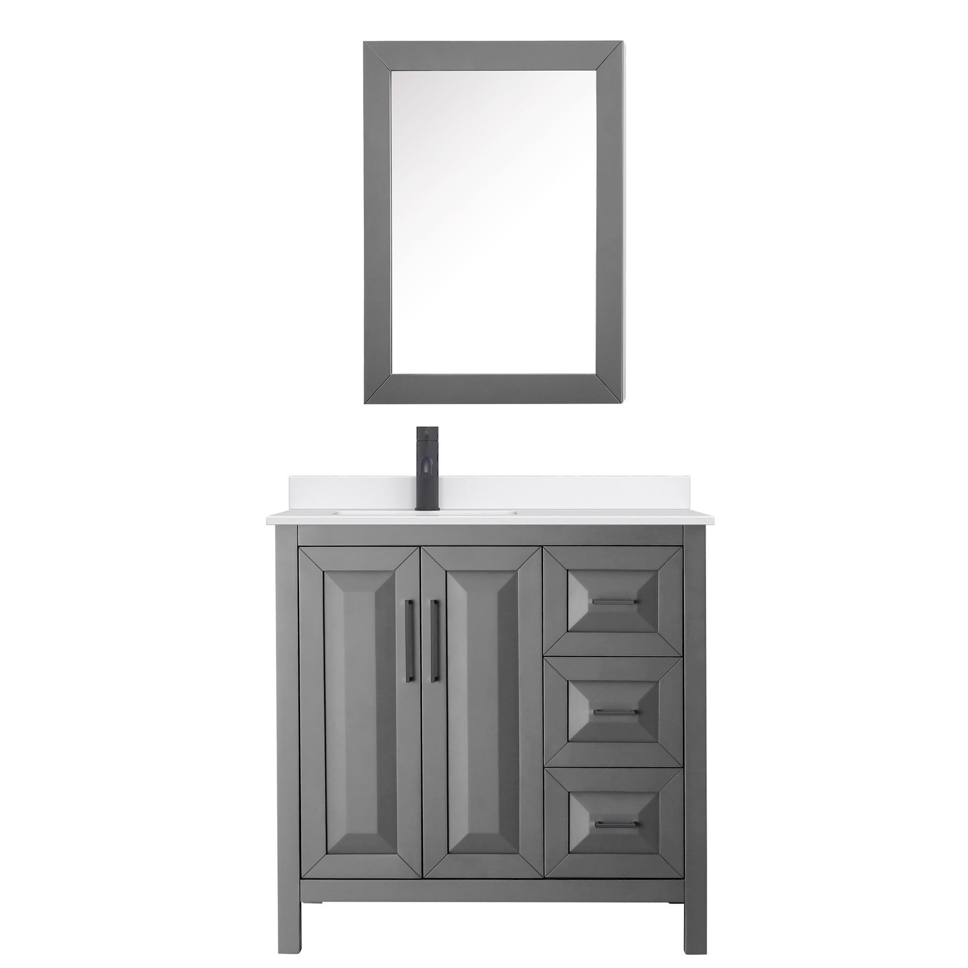 Wyndham Collection Daria 36" Single Bathroom Vanity in Dark Gray, White Quartz Countertop, Undermount Square Sink (1-Hole), Matte Black Trim, Medicine Cabinet