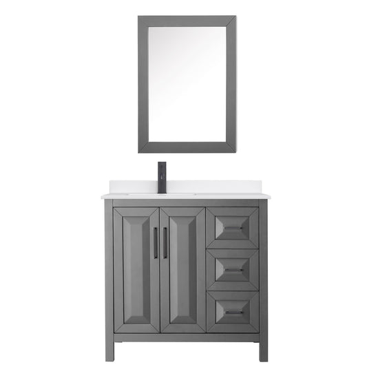 Wyndham Collection Daria 36" Single Bathroom Vanity in Dark Gray, White Quartz Countertop, Undermount Square Sink (1-Hole), Matte Black Trim, Medicine Cabinet