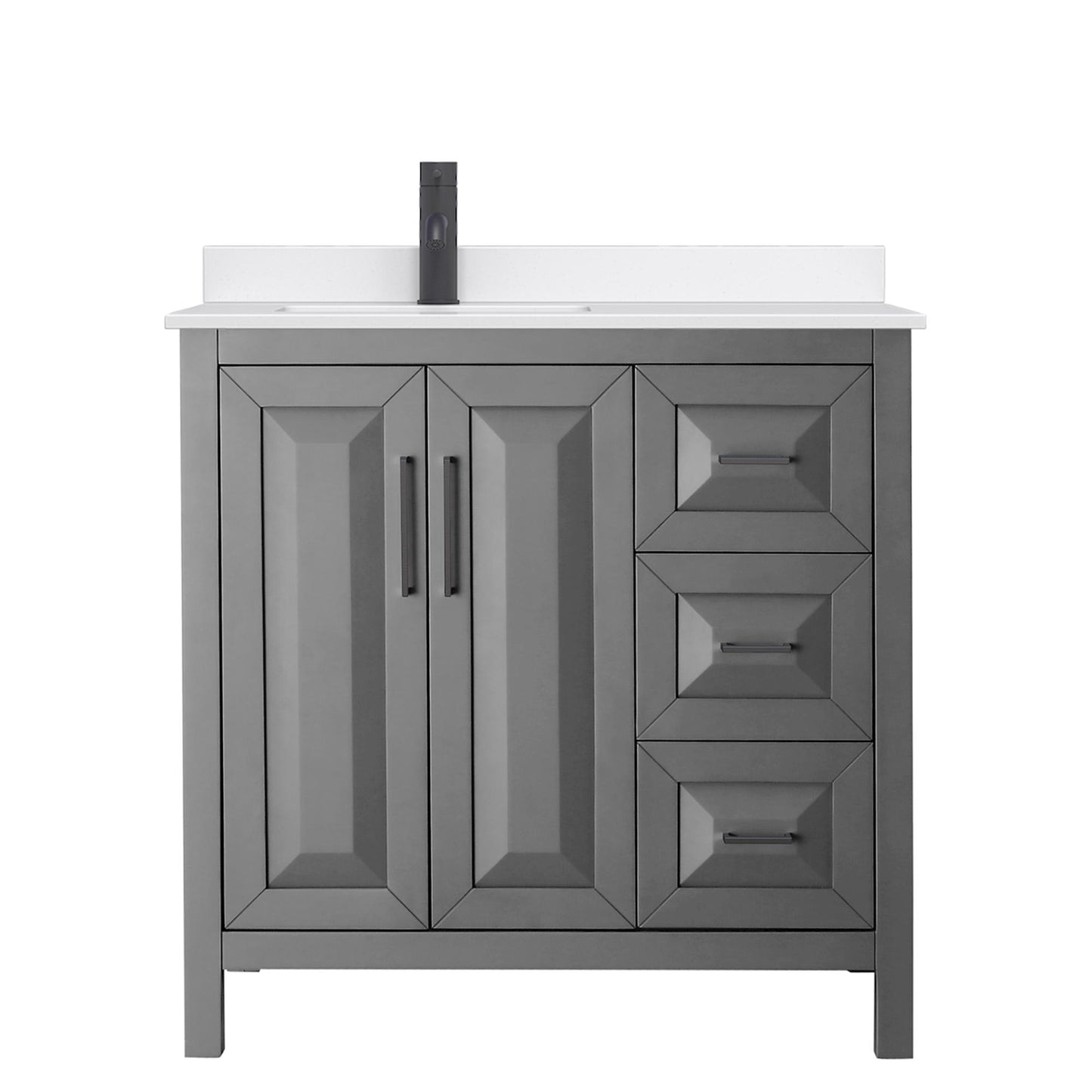 Wyndham Collection Daria 36" Single Bathroom Vanity in Dark Gray, White Quartz Countertop, Undermount Square Sink (1-Hole), Matte Black Trim