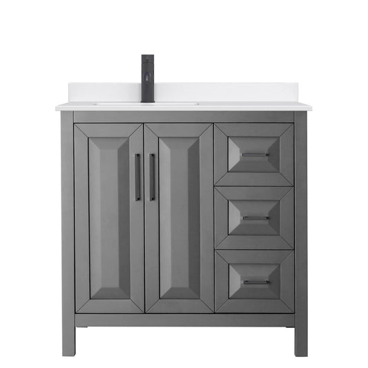 Wyndham Collection Daria 36" Single Bathroom Vanity in Dark Gray, White Quartz Countertop, Undermount Square Sink (1-Hole), Matte Black Trim