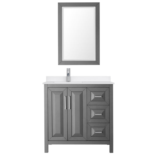 Wyndham Collection Daria 36" Single Bathroom Vanity in Dark Gray, White Quartz Countertop, Undermount Square Sink (1-Hole), Polished Chrome Trim, 24" Mirror