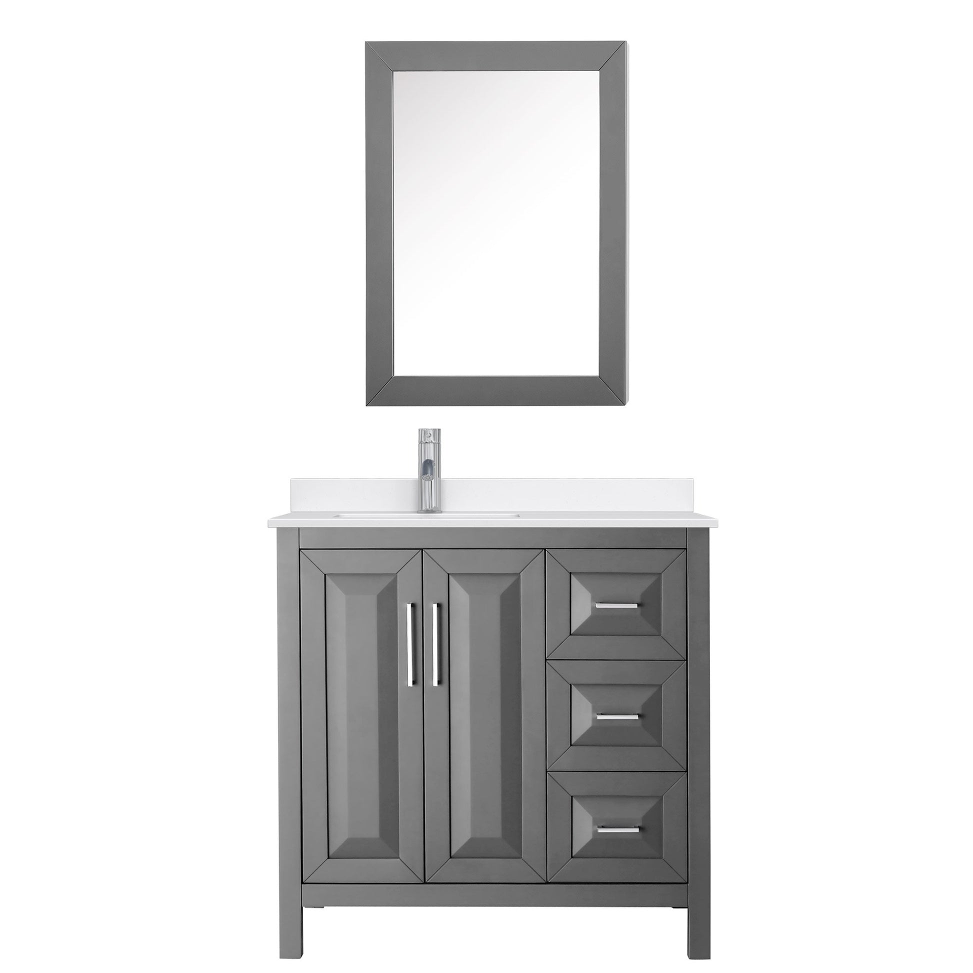 Wyndham Collection Daria 36" Single Bathroom Vanity in Dark Gray, White Quartz Countertop, Undermount Square Sink (1-Hole), Polished Chrome Trim, Medicine Cabinet