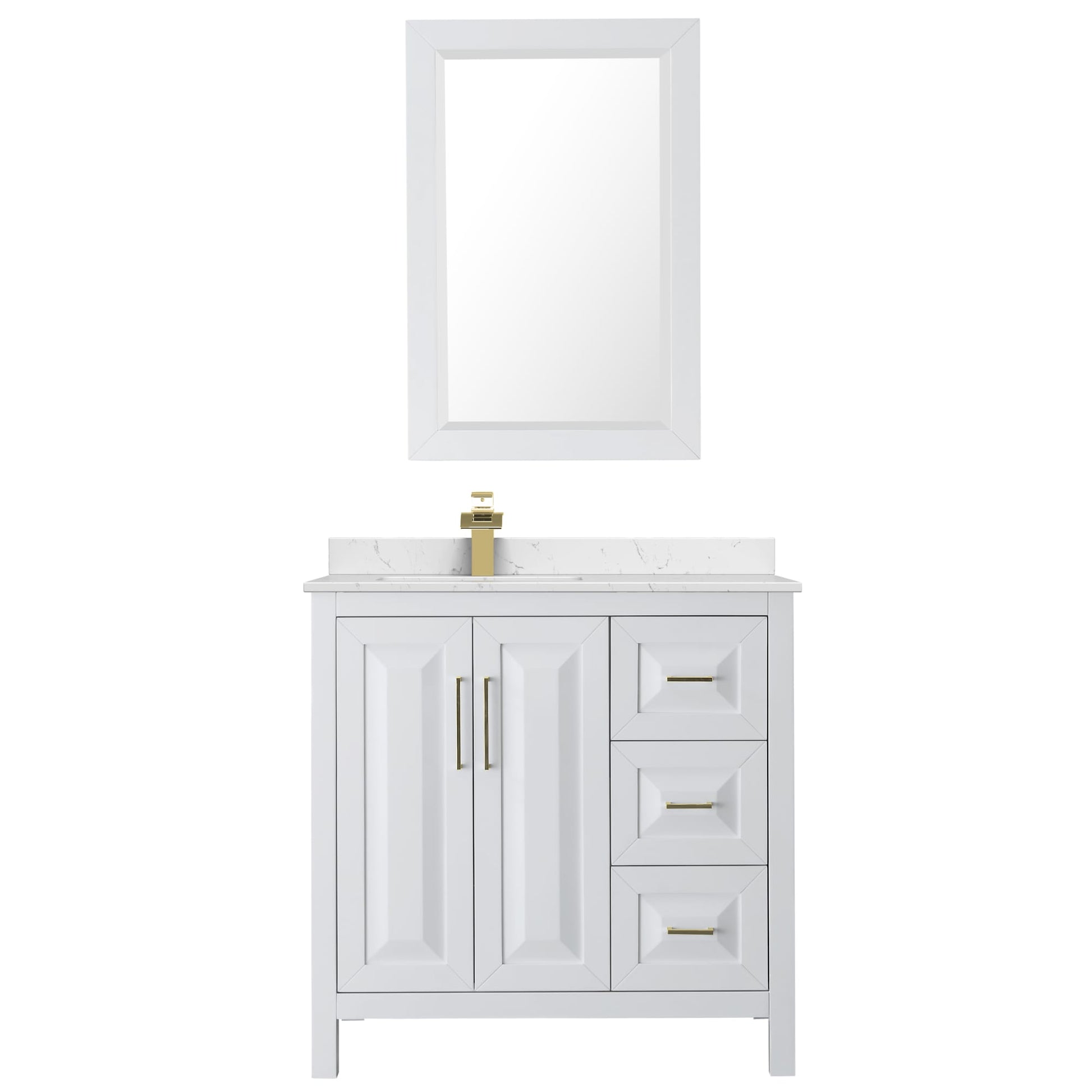 Wyndham Collection Daria 36" Single Bathroom Vanity in White, Carrara Cultured Marble Countertop, Undermount Square Sink (1-Hole), Brushed Gold Trim, 24" Mirror