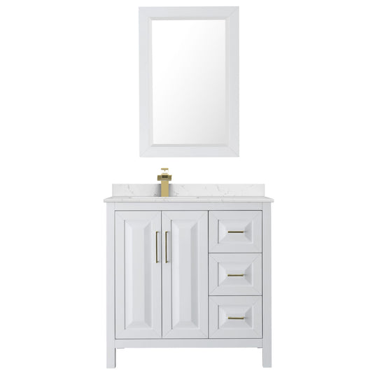 Wyndham Collection Daria 36" Single Bathroom Vanity in White, Carrara Cultured Marble Countertop, Undermount Square Sink (1-Hole), Brushed Gold Trim, 24" Mirror