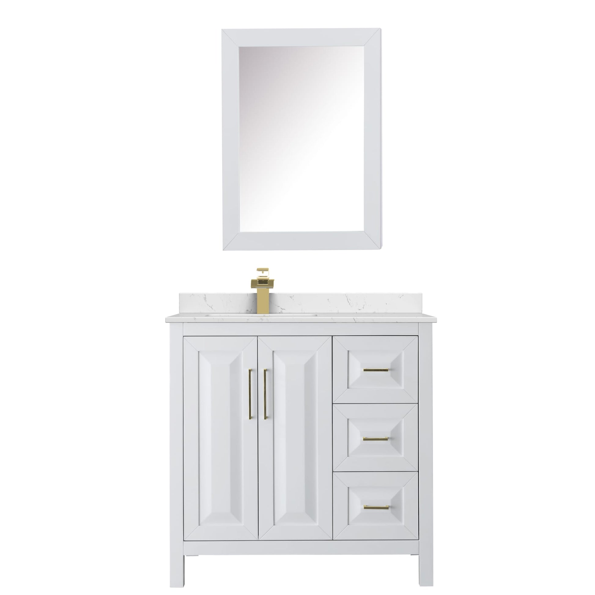 Wyndham Collection Daria 36" Single Bathroom Vanity in White, Carrara Cultured Marble Countertop, Undermount Square Sink (1-Hole), Brushed Gold Trim, Medicine Cabinet