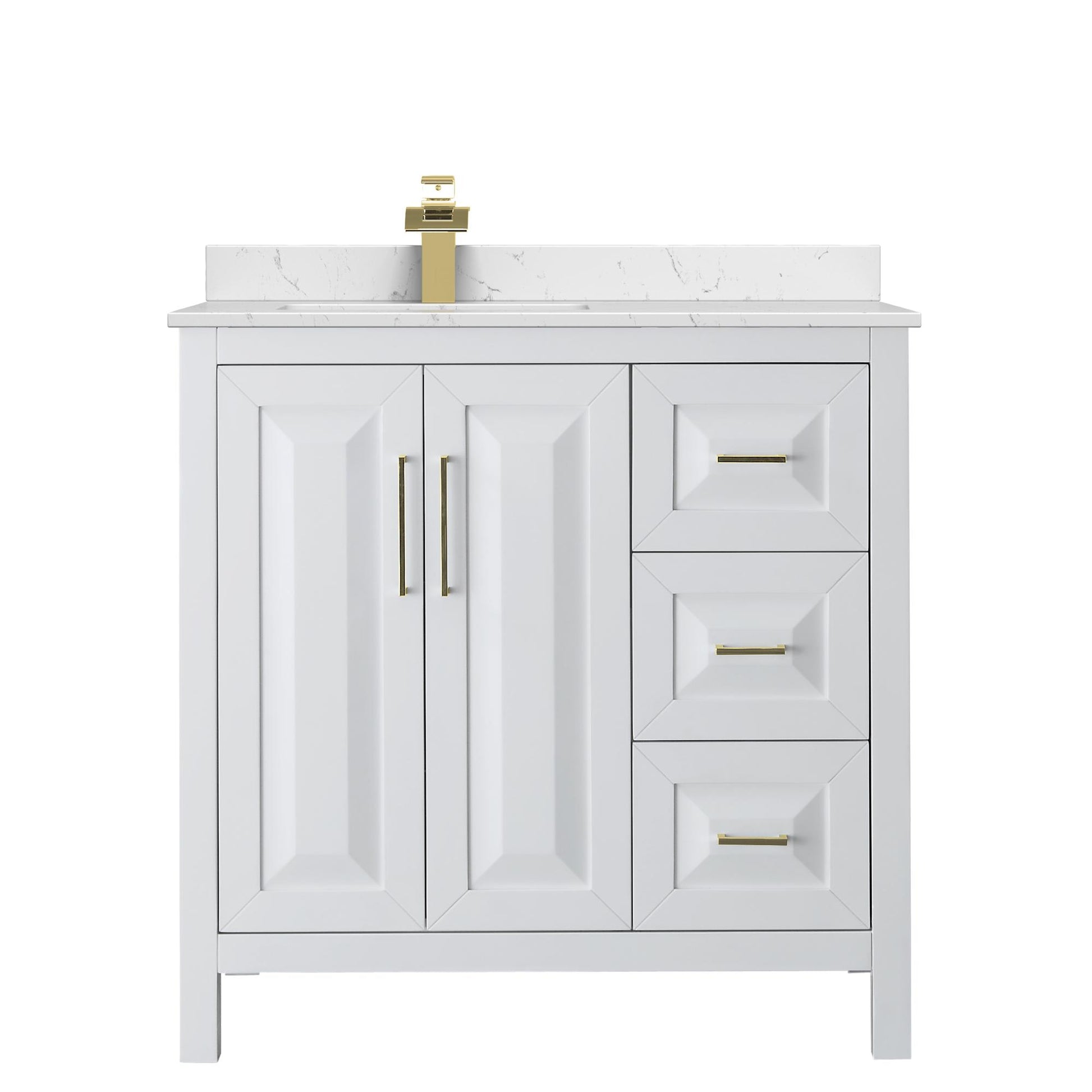 Wyndham Collection Daria 36" Single Bathroom Vanity in White, Carrara Cultured Marble Countertop, Undermount Square Sink (1-Hole), Brushed Gold Trim