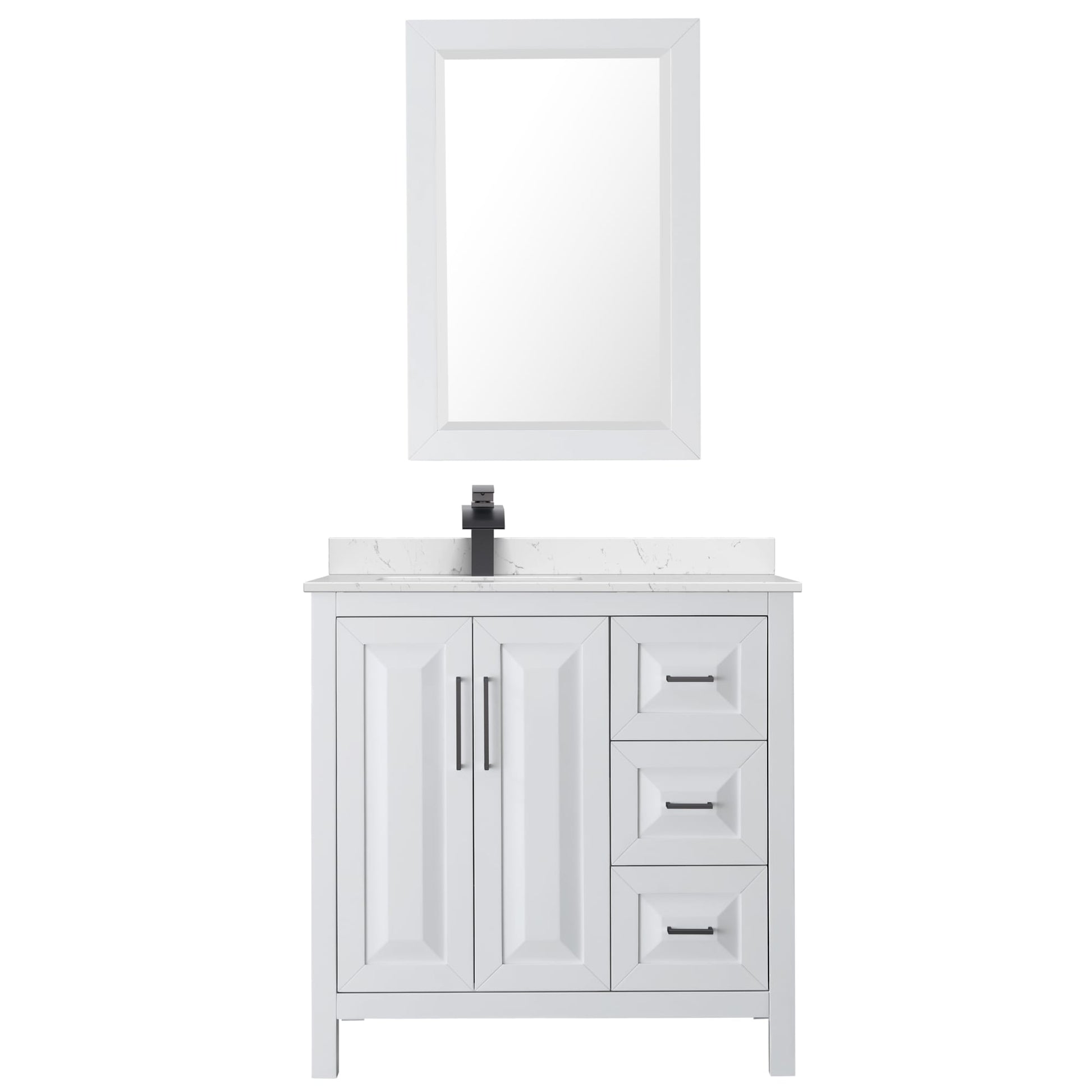 Wyndham Collection Daria 36" Single Bathroom Vanity in White, Carrara Cultured Marble Countertop, Undermount Square Sink (1-Hole), Matte Black Trim, 24" Mirror