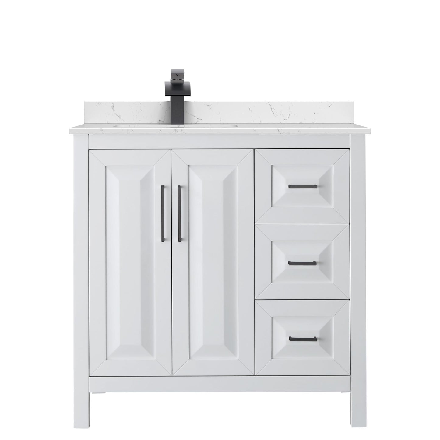 Wyndham Collection Daria 36" Single Bathroom Vanity in White, Carrara Cultured Marble Countertop, Undermount Square Sink (1-Hole), Matte Black Trim