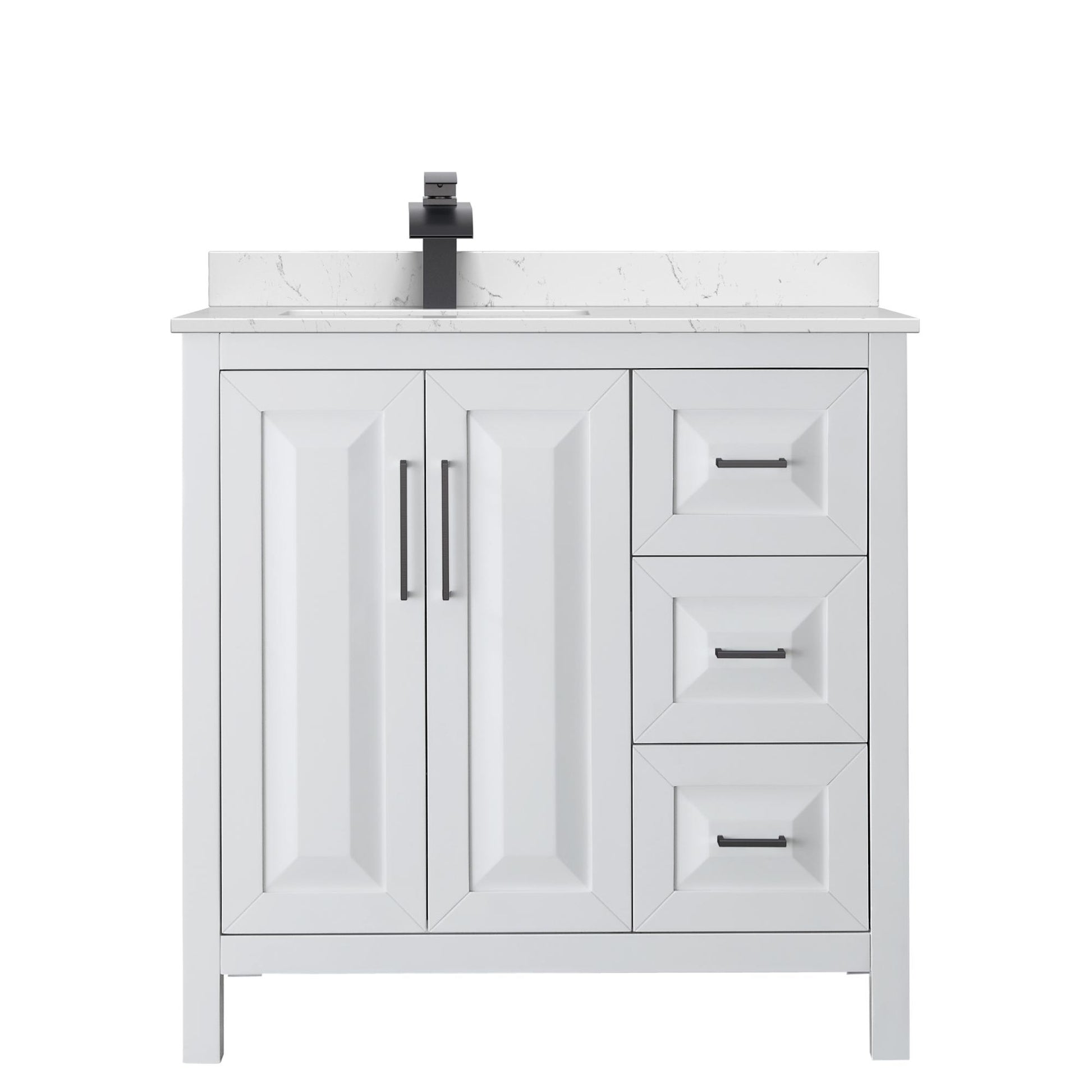 Wyndham Collection Daria 36" Single Bathroom Vanity in White, Carrara Cultured Marble Countertop, Undermount Square Sink (1-Hole), Matte Black Trim