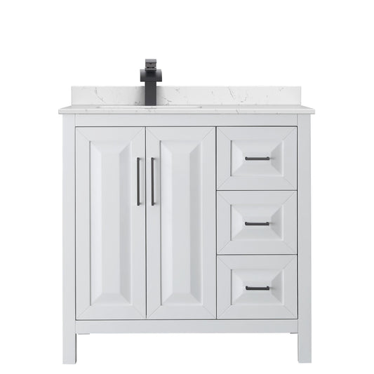 Wyndham Collection Daria 36" Single Bathroom Vanity in White, Carrara Cultured Marble Countertop, Undermount Square Sink (1-Hole), Matte Black Trim