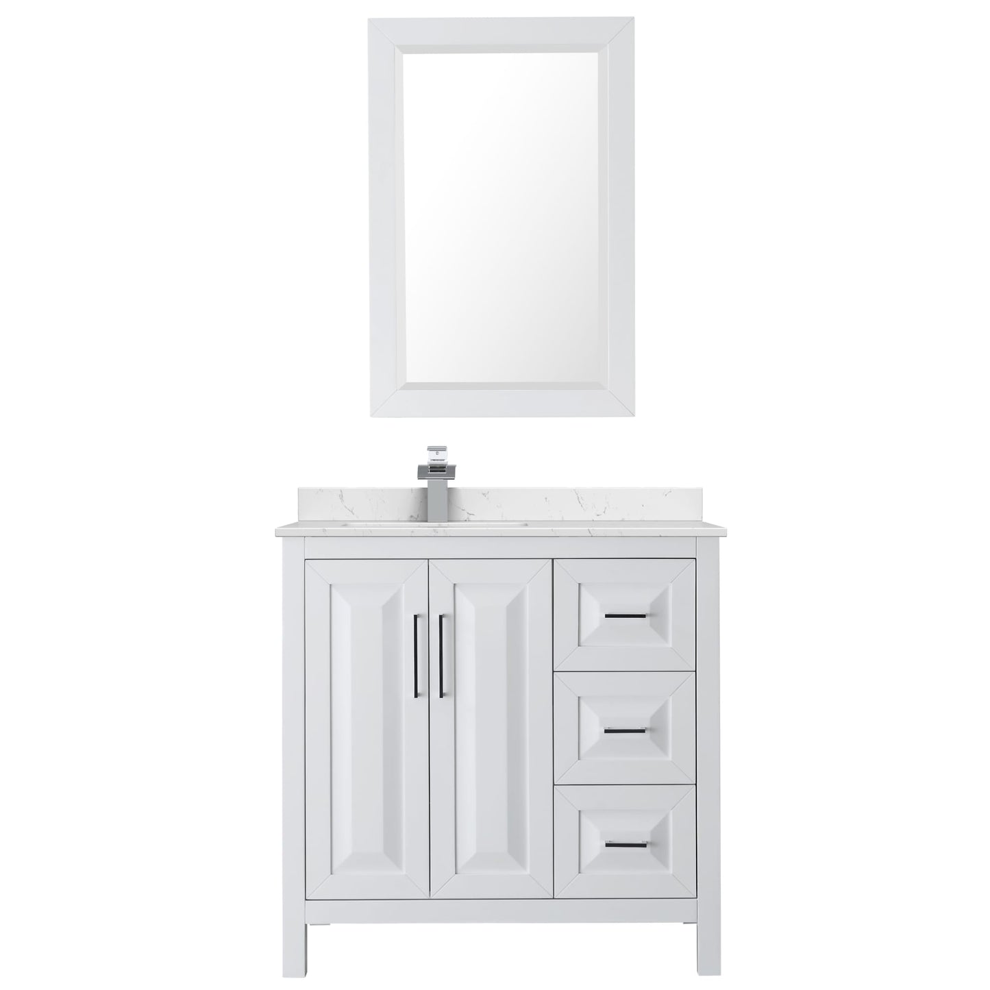 Wyndham Collection Daria 36" Single Bathroom Vanity in White, Carrara Cultured Marble Countertop, Undermount Square Sink (1-Hole), Polished Chrome Trim, 24" Mirror