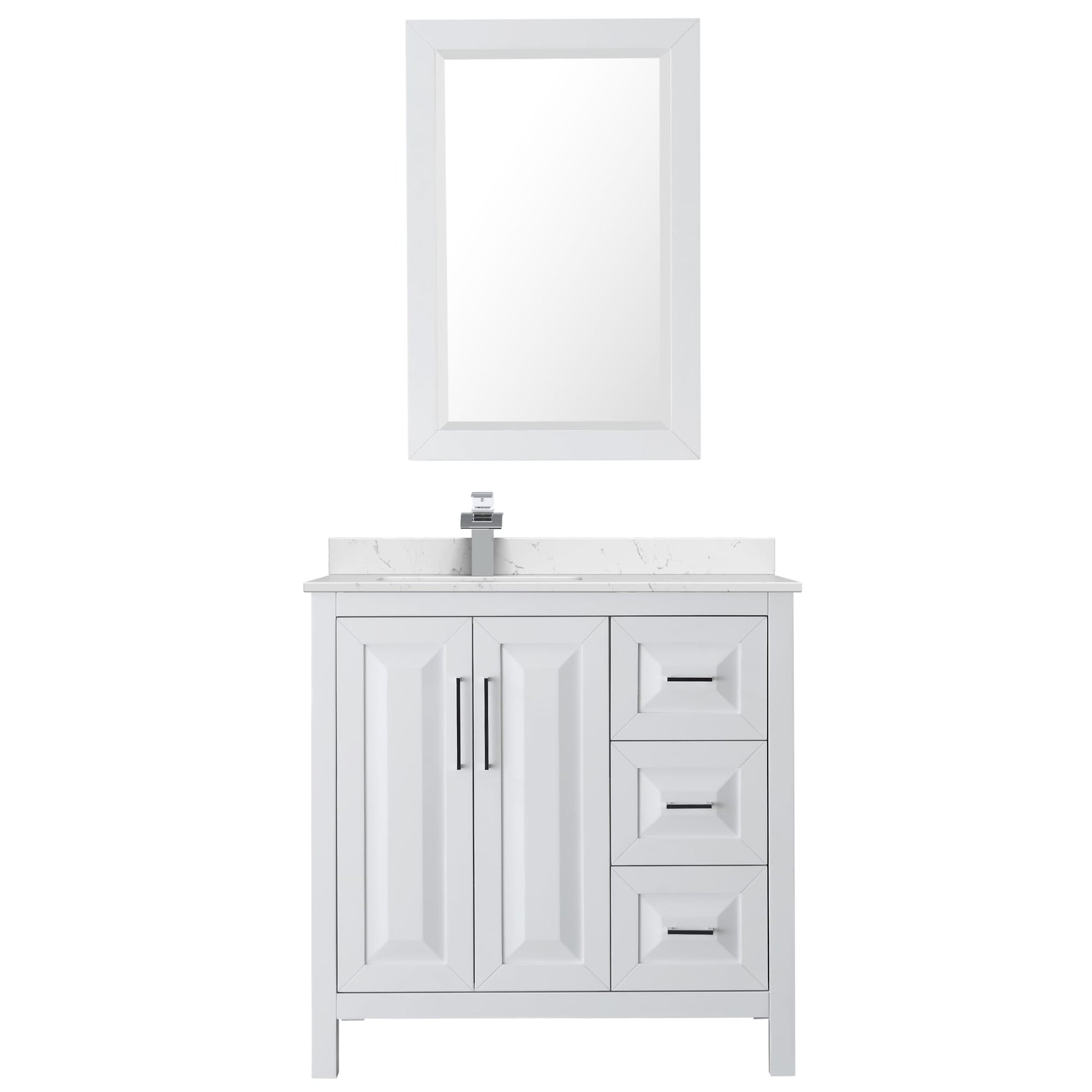 Wyndham Collection Daria 36" Single Bathroom Vanity in White, Carrara Cultured Marble Countertop, Undermount Square Sink (1-Hole), Polished Chrome Trim, 24" Mirror