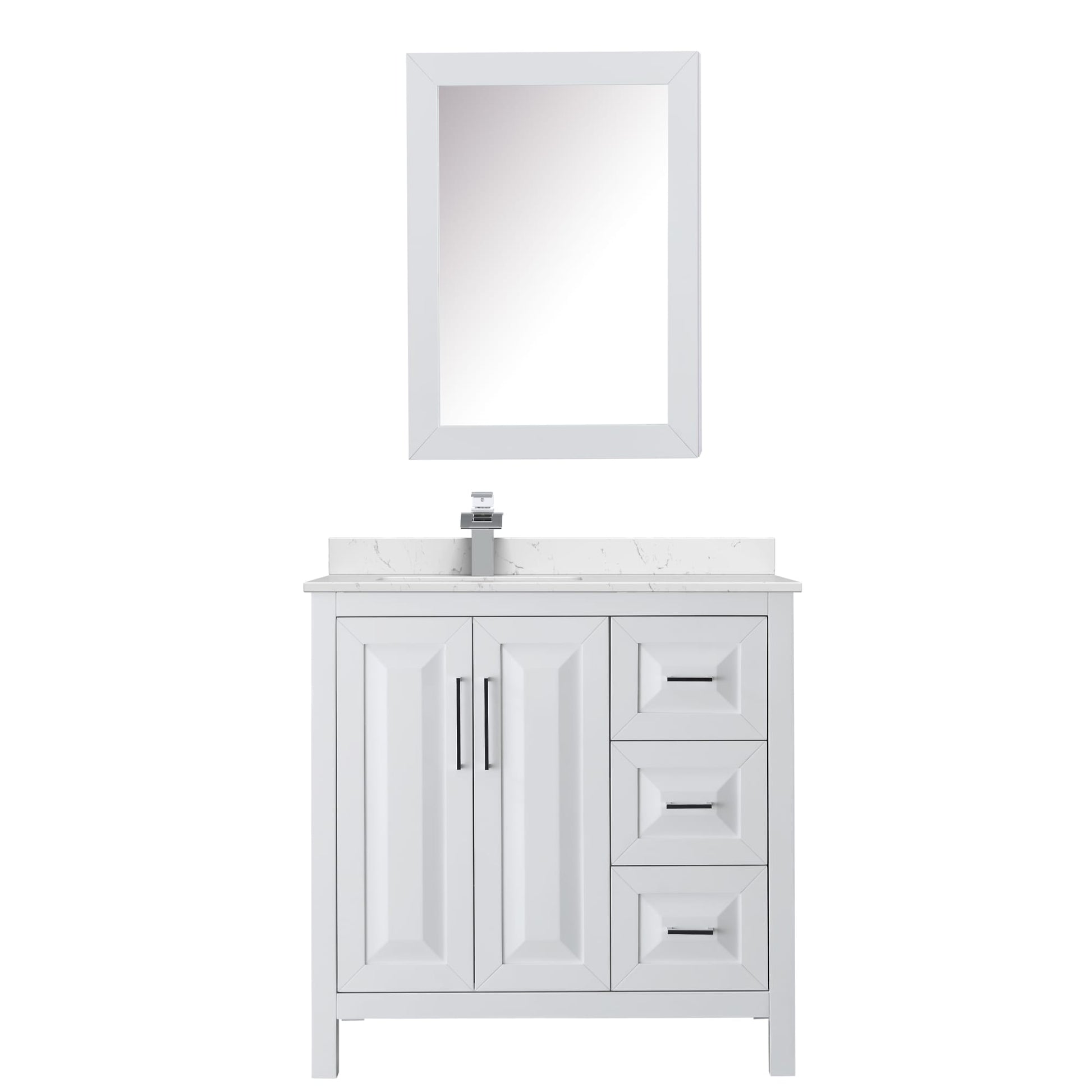 Wyndham Collection Daria 36" Single Bathroom Vanity in White, Carrara Cultured Marble Countertop, Undermount Square Sink (1-Hole), Polished Chrome Trim, Medicine Cabinet