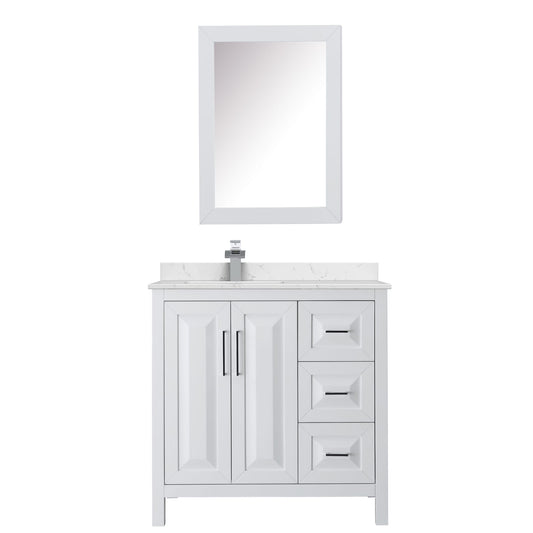 Wyndham Collection Daria 36" Single Bathroom Vanity in White, Carrara Cultured Marble Countertop, Undermount Square Sink (1-Hole), Polished Chrome Trim, Medicine Cabinet