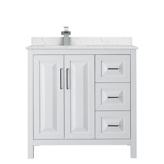 Wyndham Collection Daria 36" Single Bathroom Vanity in White, Carrara Cultured Marble Countertop, Undermount Square Sink (1-Hole), Polished Chrome Trim