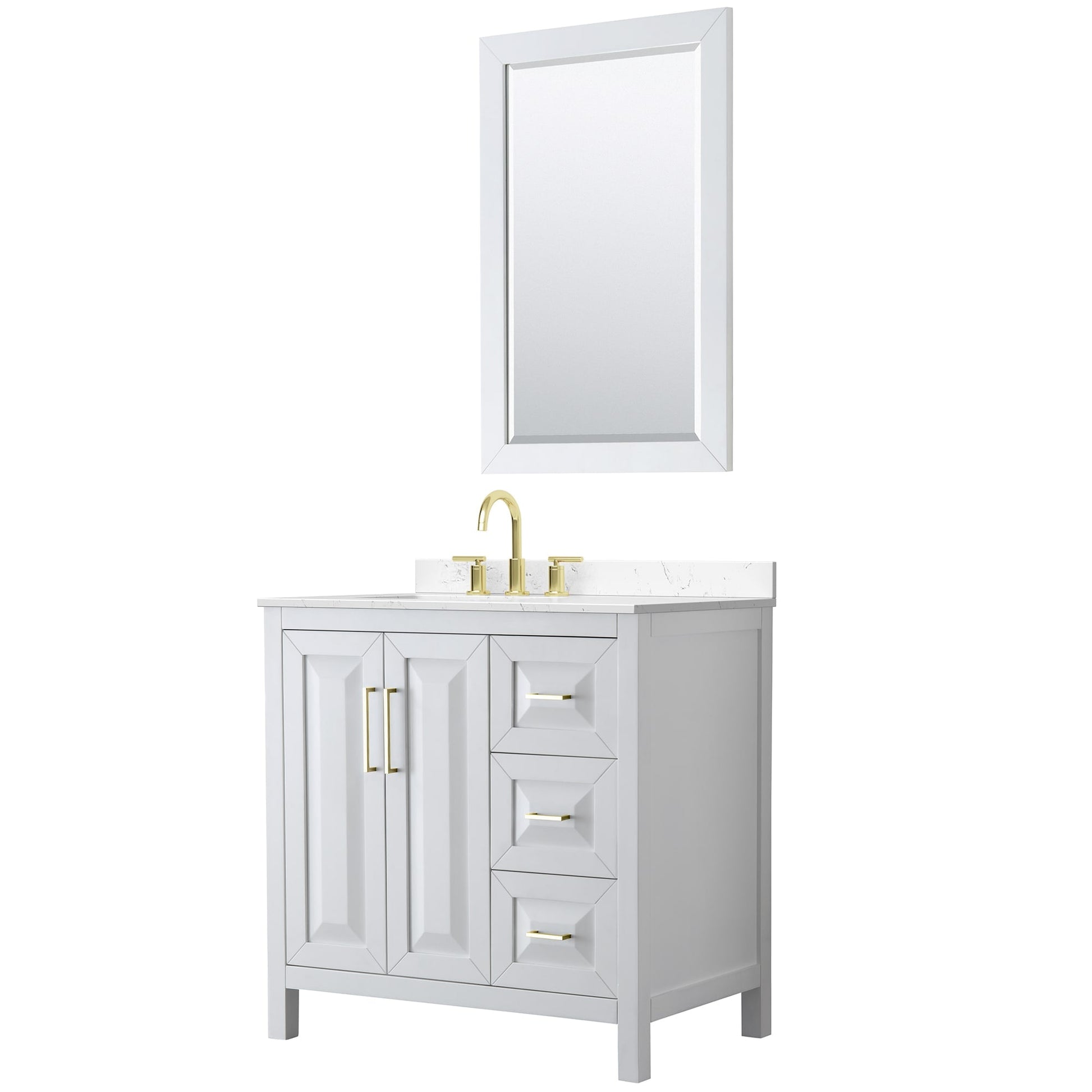 Wyndham Collection Daria 36" Single Bathroom Vanity in White, Carrara Cultured Marble Countertop, Undermount Square Sink (3-Hole), Brushed Gold Trim, 24" Mirror